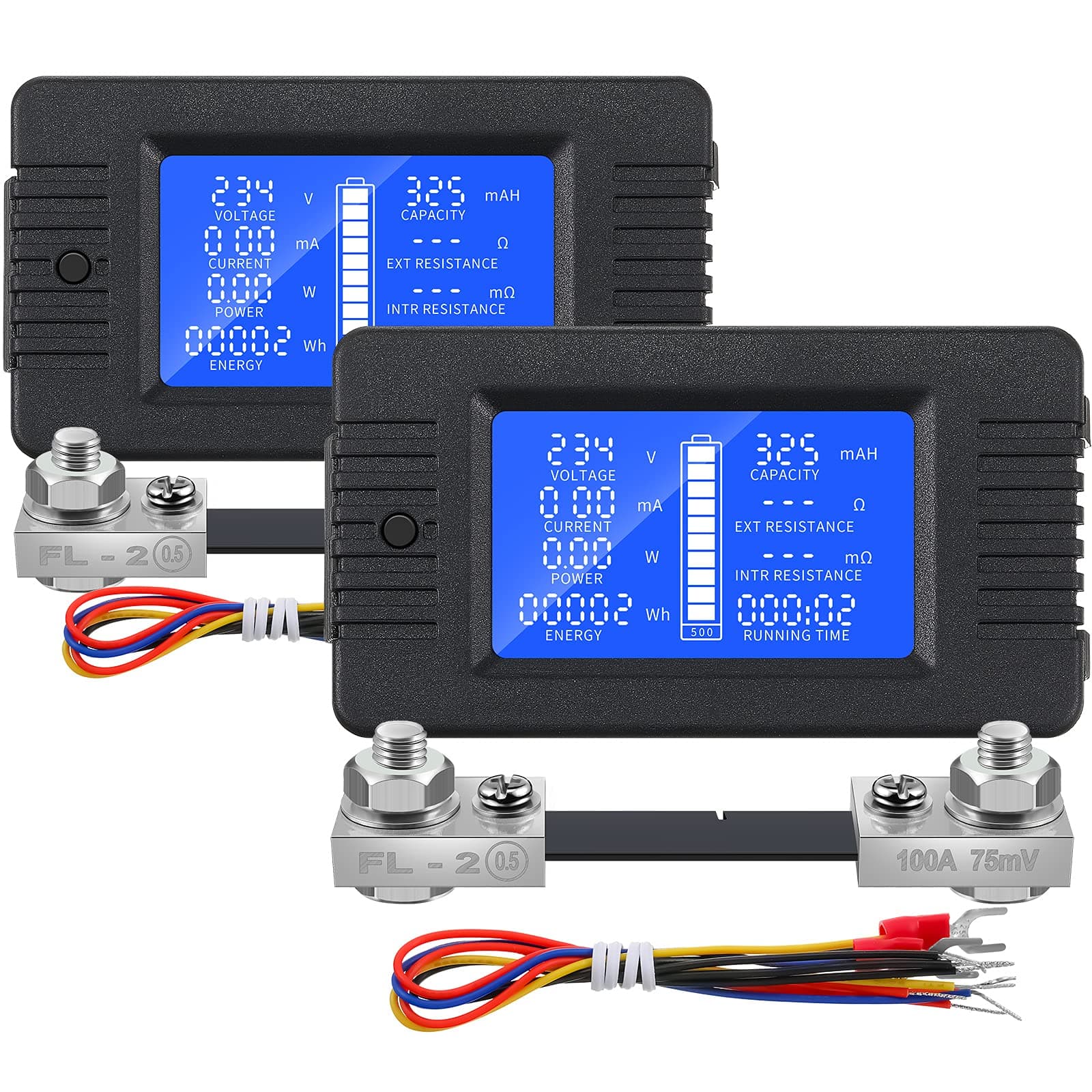 2 Pieces DC Multifunction Battery Monitor Meters LCD Display Digital Voltmeter Ammeter Multimeter DC Current Voltage Solar Power Meters with 100A Current Shunt for Cars RV Solar System