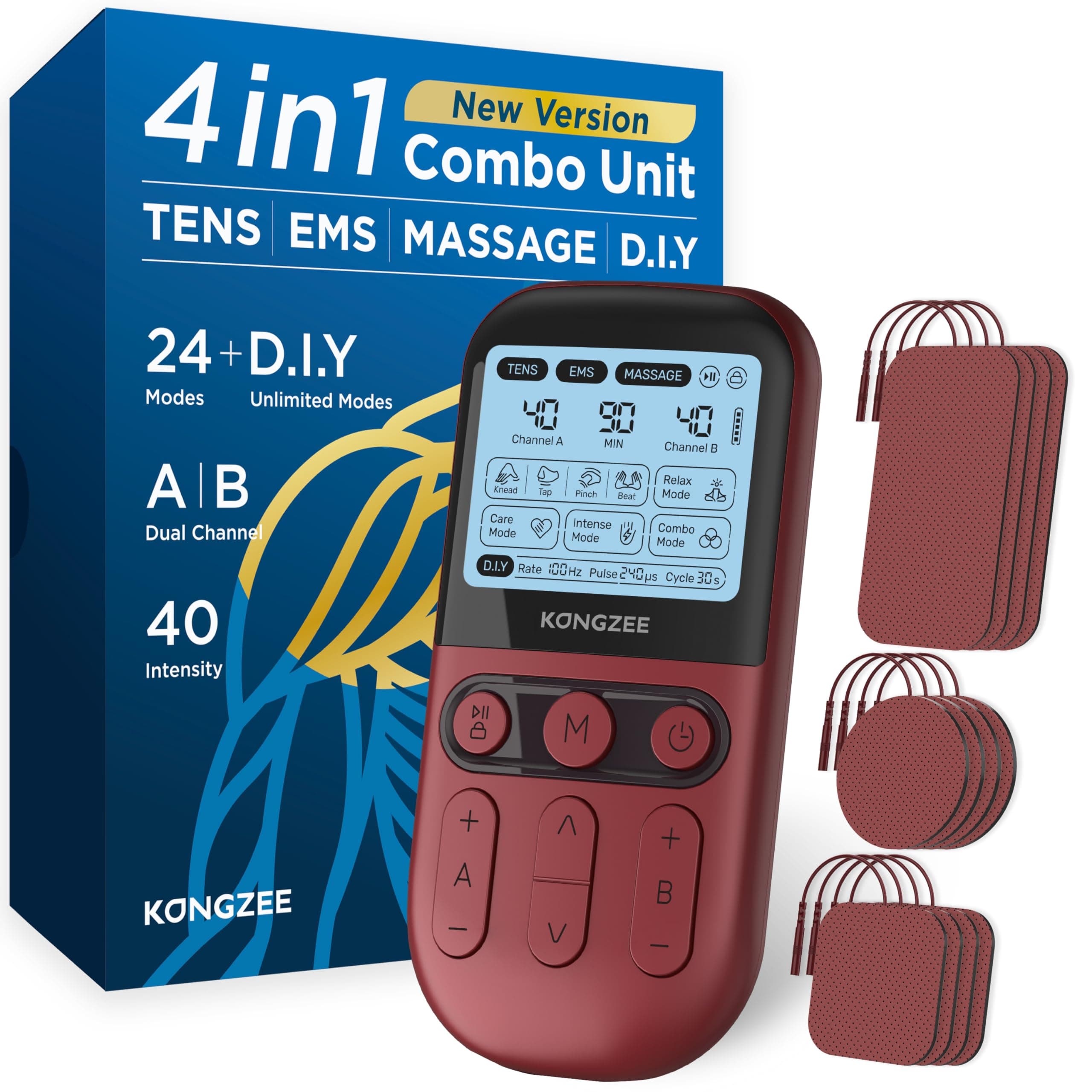 4 in 1 - D.I.Y & Tens Unit & EMS & Massage Muscle Stimulator, Dual Channel TENS Units Therapy Machine for Pain Relief, FDA Cleared Rechargeable Electronic Pulse Massager,with 12pcs Electrode Pads