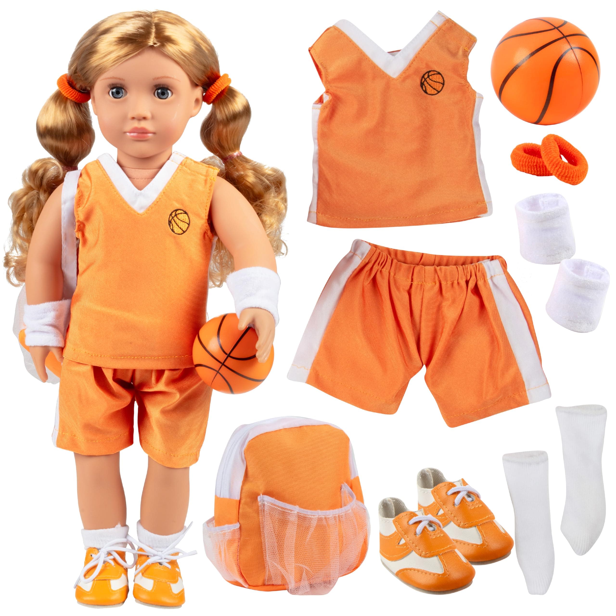 Girls Basketball Uniform 8pc Doll Outfit- Includes Basketball, Sneakers, Jersey, Shorts, Backpack & More- Handmade Outfit & Accessories Compatible with 18" American Girl Doll- Gift for Girls, Birthday