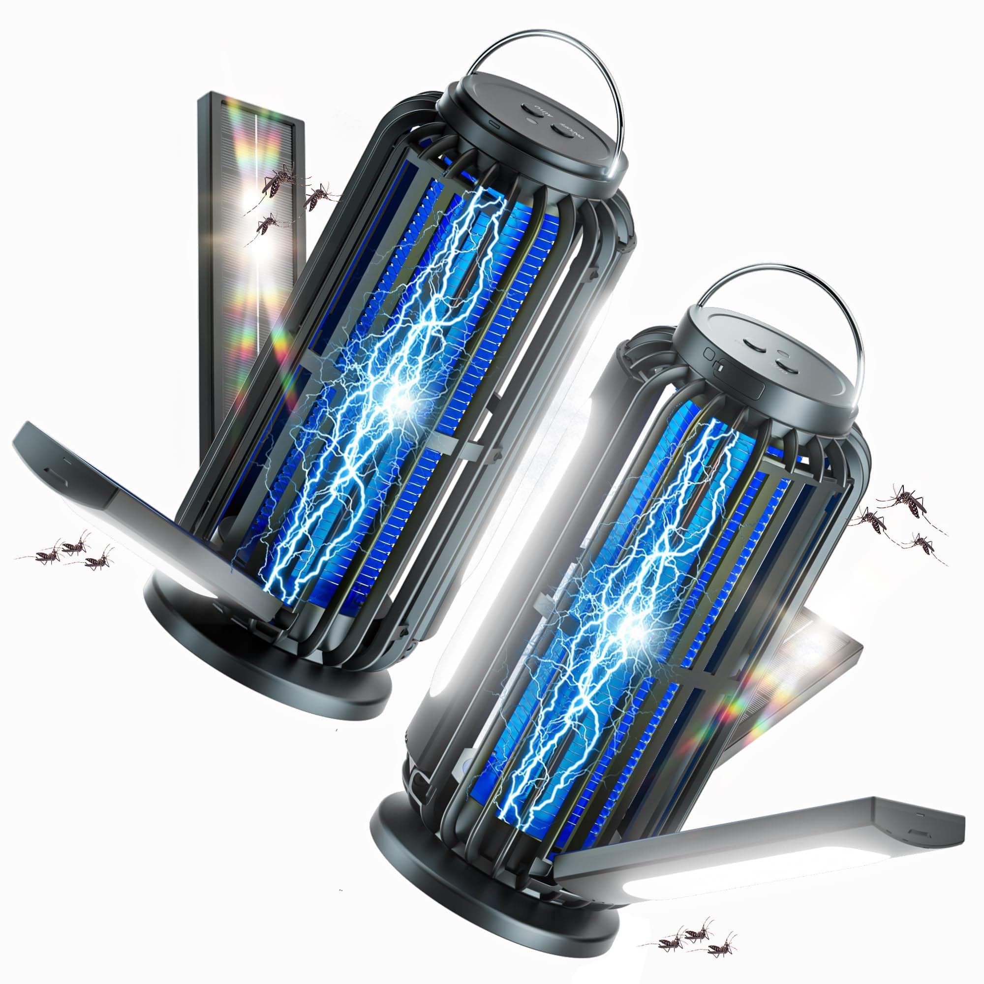 Bug Zapper 2 Pack, Solar Bug Zapper with 3 Solar Charging Panels, IP65 Waterproof Mosquito Zapper, 4200V Mosquito Zapper with LED Light, Outdoor Indoor AUTO ON/Off
