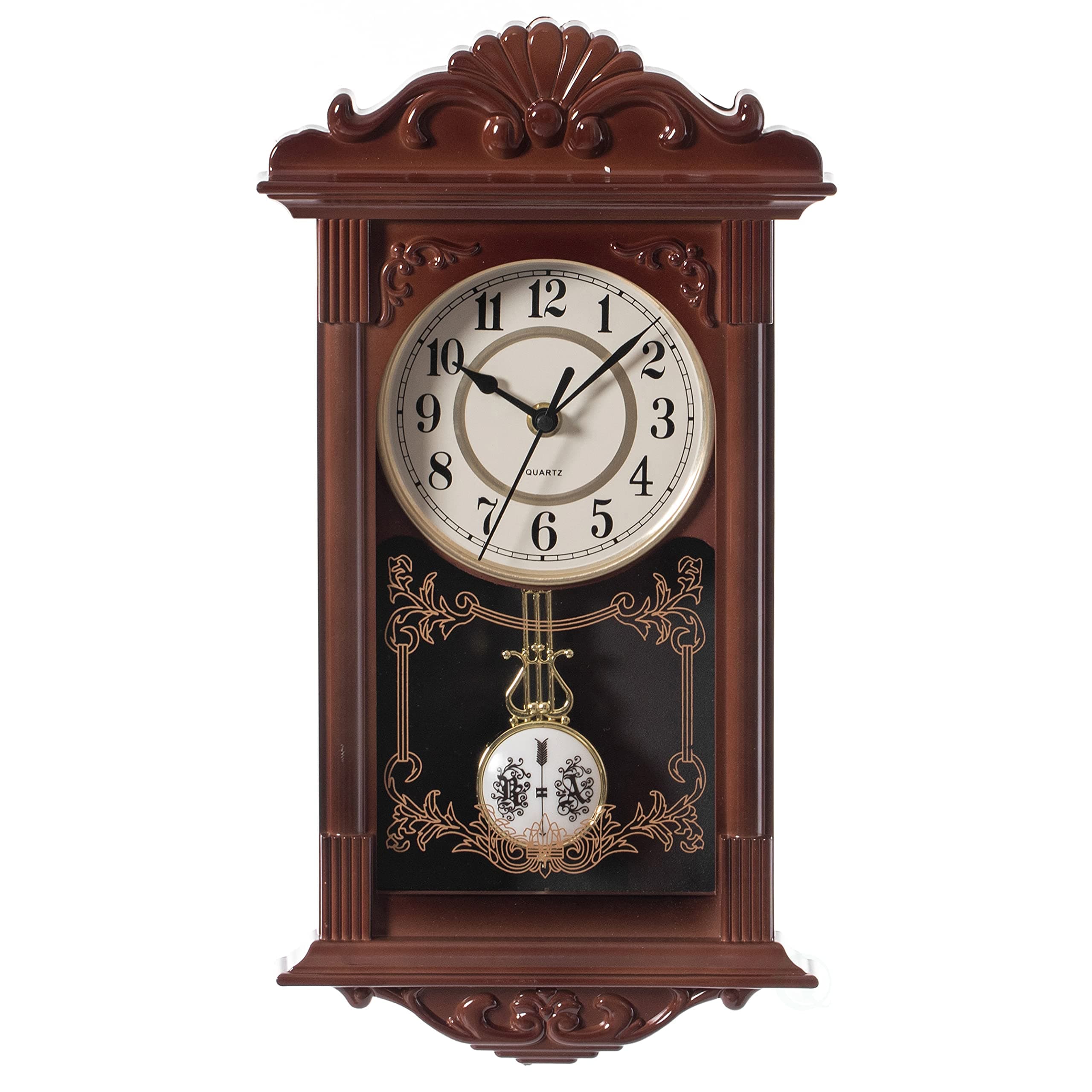 Quickway Imports Vintage Grandfather Wood- Looking Plastic Pendulum Wall Clock for Living Room, Kitchen, or Dining Room, Brown