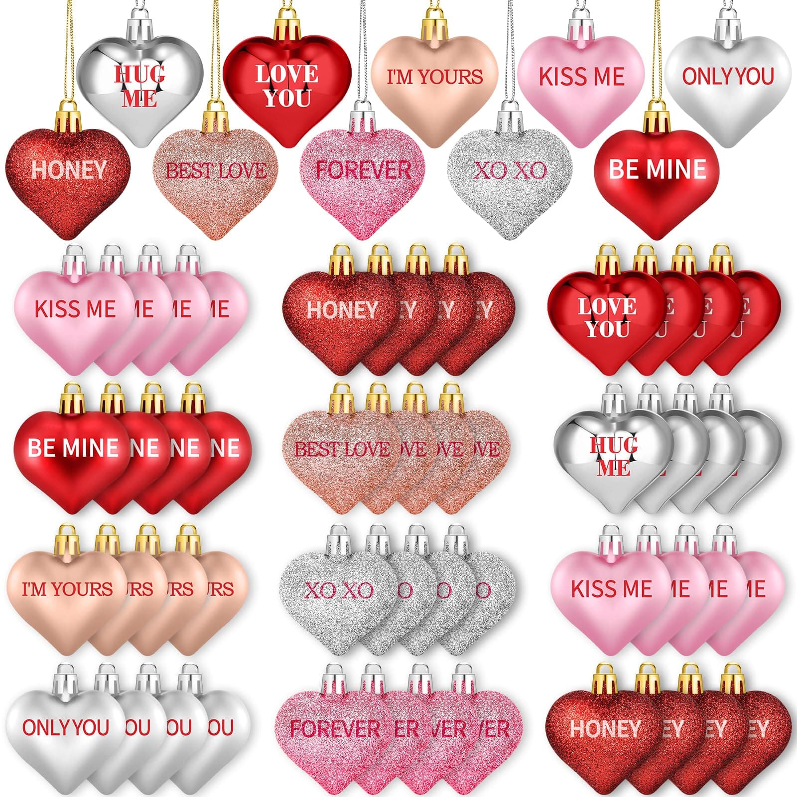 70Pcs Valentine's Day Heart Shaped Ornaments with Sweet Love Words, 10 Styles Valentine Ornaments for Tree, Red Pink Glitter Heart Shaped Valentine's Hanging Decorations for Wedding Anniversary
