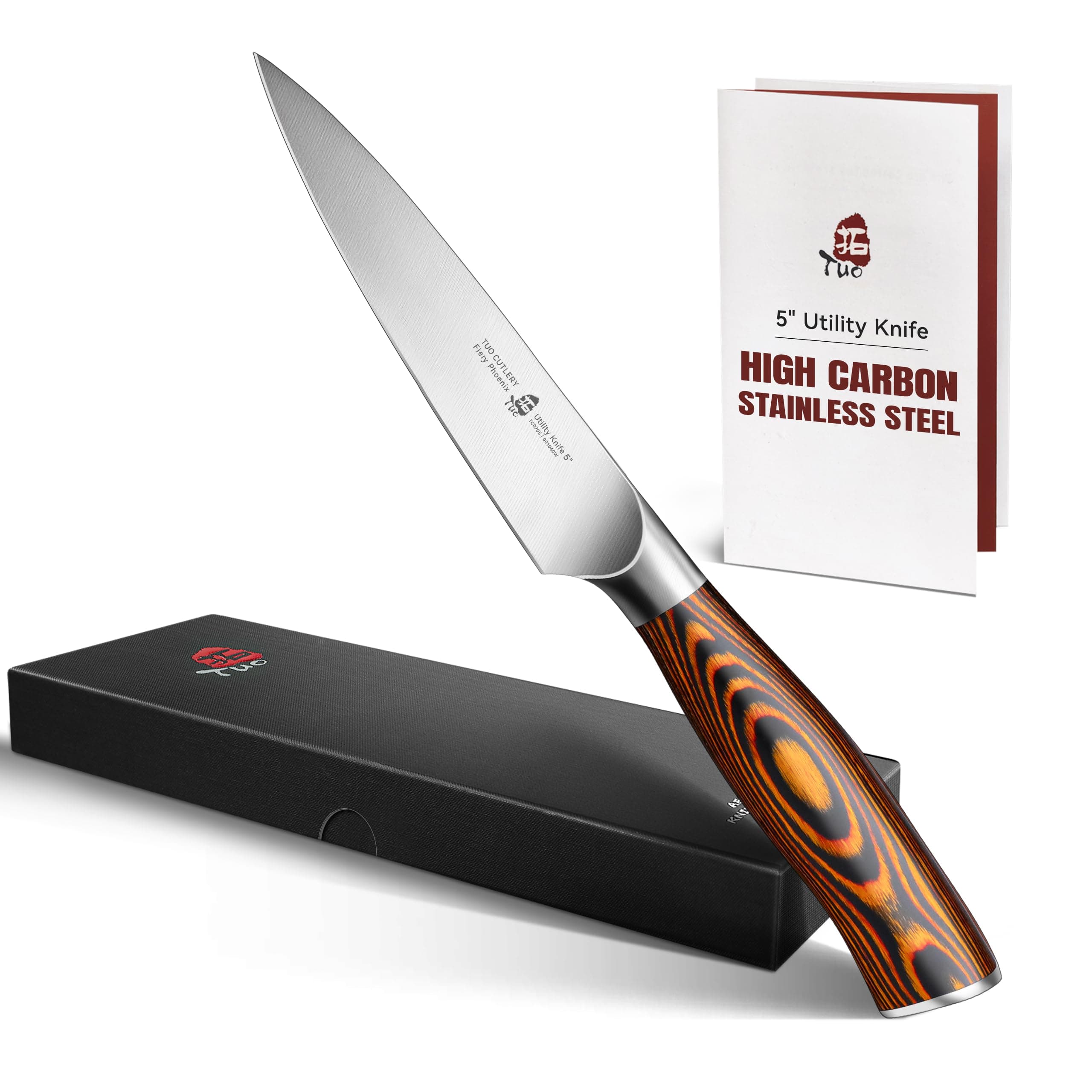 Kitchen Utility Knife- Small Kitchen Knife - High Carbon German Stainless Steel Cutlery - Ergonomic Pakkawood Handle - Luxurious Gift Box Included - 5 inch - Fiery Phoenix Series