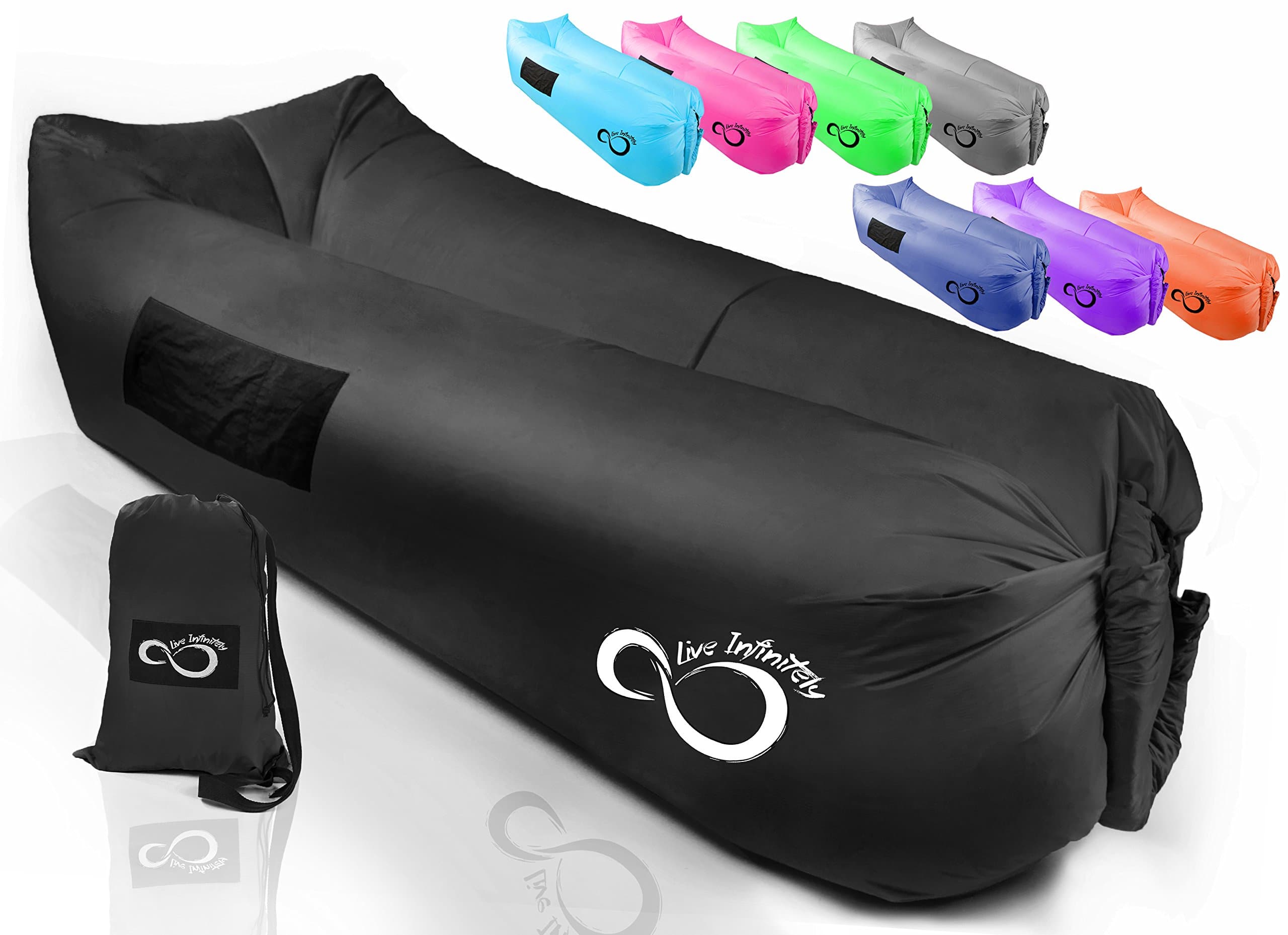 Live Infinitely Inflatable Air Lounger Chair Features Headrest, 2 Pockets, 700 Gauge Inner Liner, 420D Ripstop Exterior & Travel Bag Use On Beach Or In The Pool 9’ Long & Holds 500 (Jet Black)