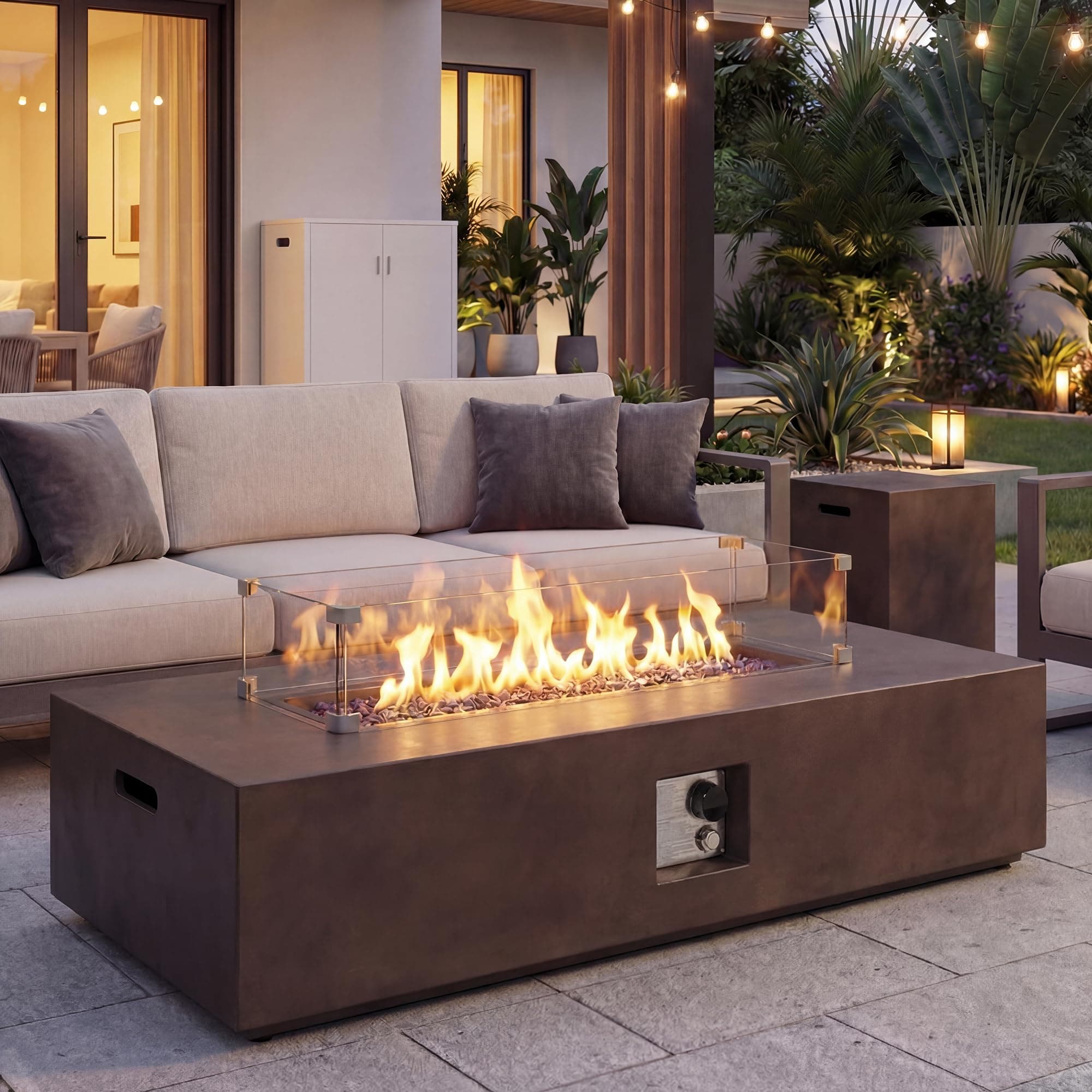 COSIEST 2-Piece Outdoor Propane Fire Table Set, Rectangle Concrete 56" x 28" Bronze Fire Pit (Certified, 50,000 BTU) w 20lb Tank Table, Wind Guard, Waterproof Cover for Garden, Porch, Backyard