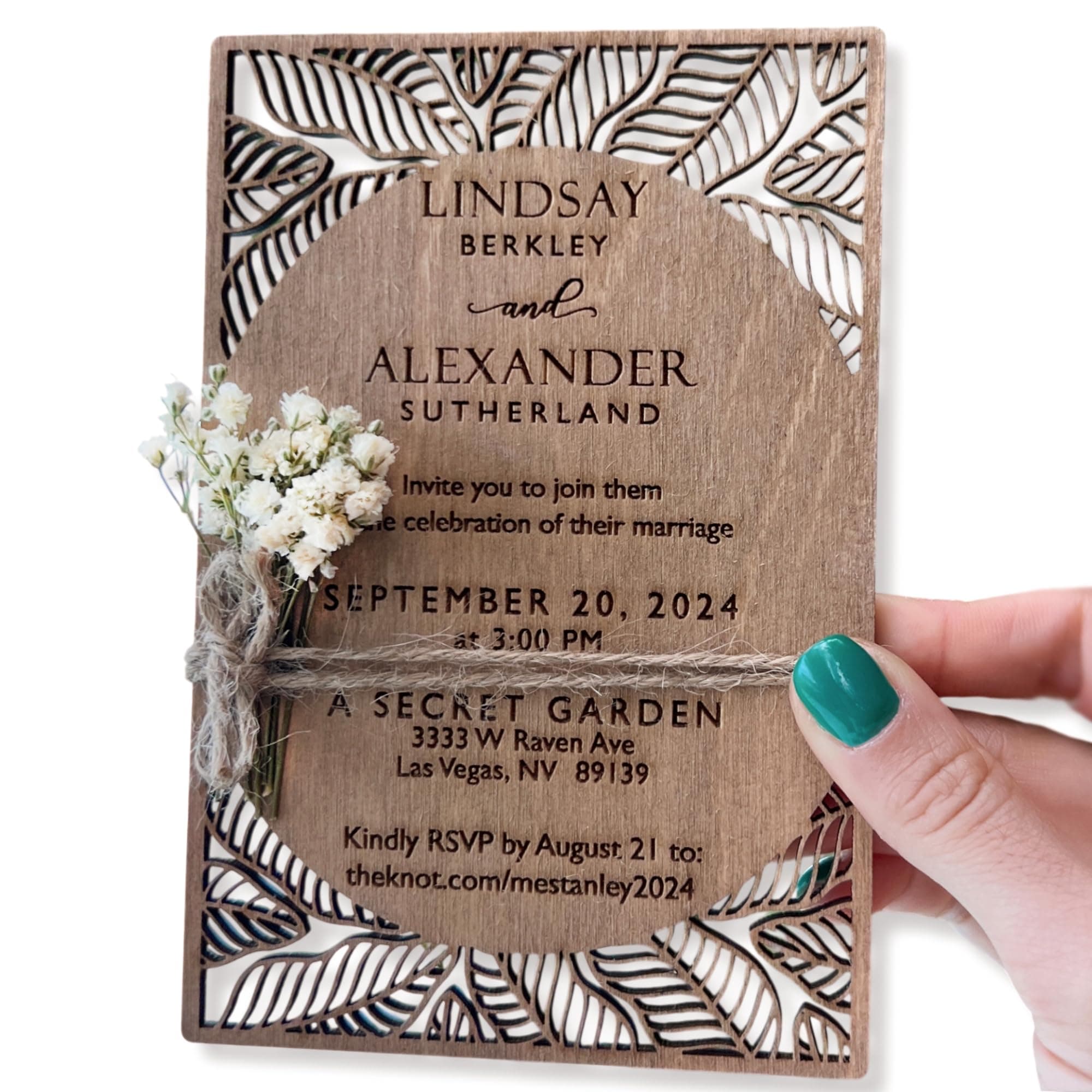Pack of Personalized Wood Wedding Invitation - Laser Cut Wedding Invitations - White Flower Twined Wooden Invitations with Envelopes & Stickers