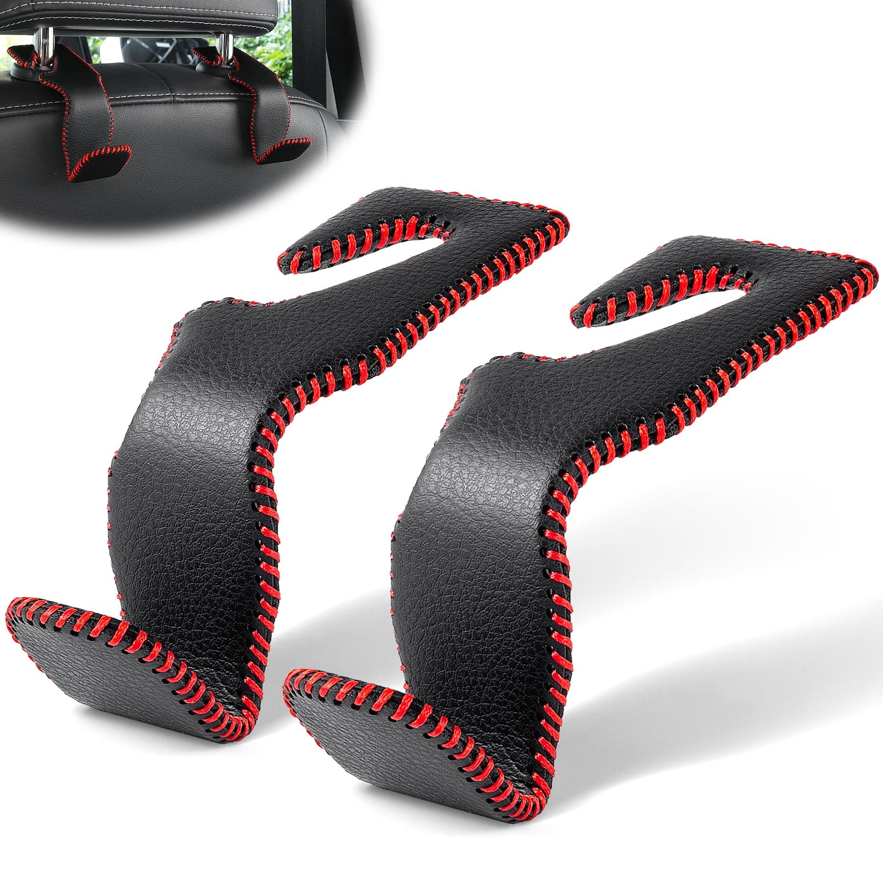 LivTee Black & Red Superior Leather Car Seat Back Headrest Hook, Auto Seat Hook Hangers Interior Accessories for Purse Coats Umbrellas Grocery Bags Handbag, 2-Pack