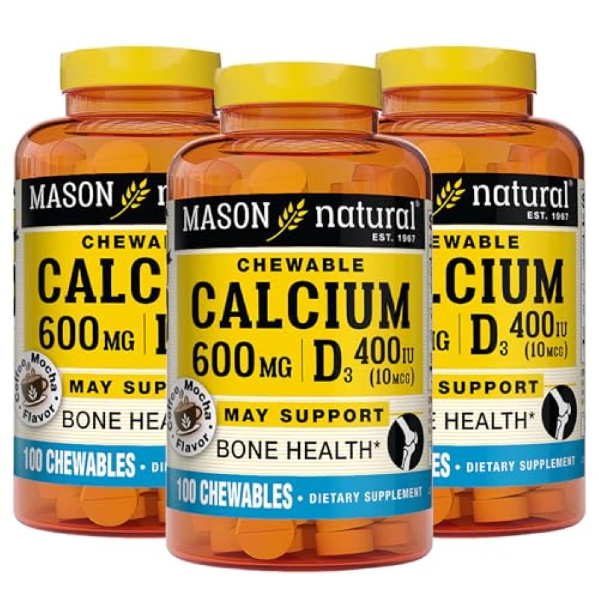 Calcium 600 mg with Vitamin D3, 300 Day Supply, Supports Healthy Bones & Normal Muscle Function, Coffee Mocha Flavor, 100 Chewables (Pack of 3)