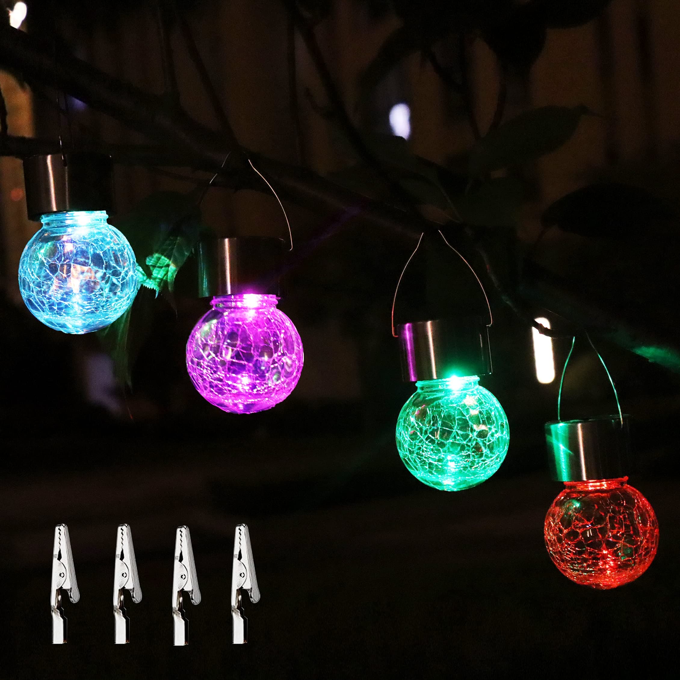 Outdoor Hanging Solar Lights, 4pack Crackle Globe Lights for Garden, Outdoor Globe for Waterproof Tree Hanging with Handle for Garden Balcony Patio Path Party Decoration