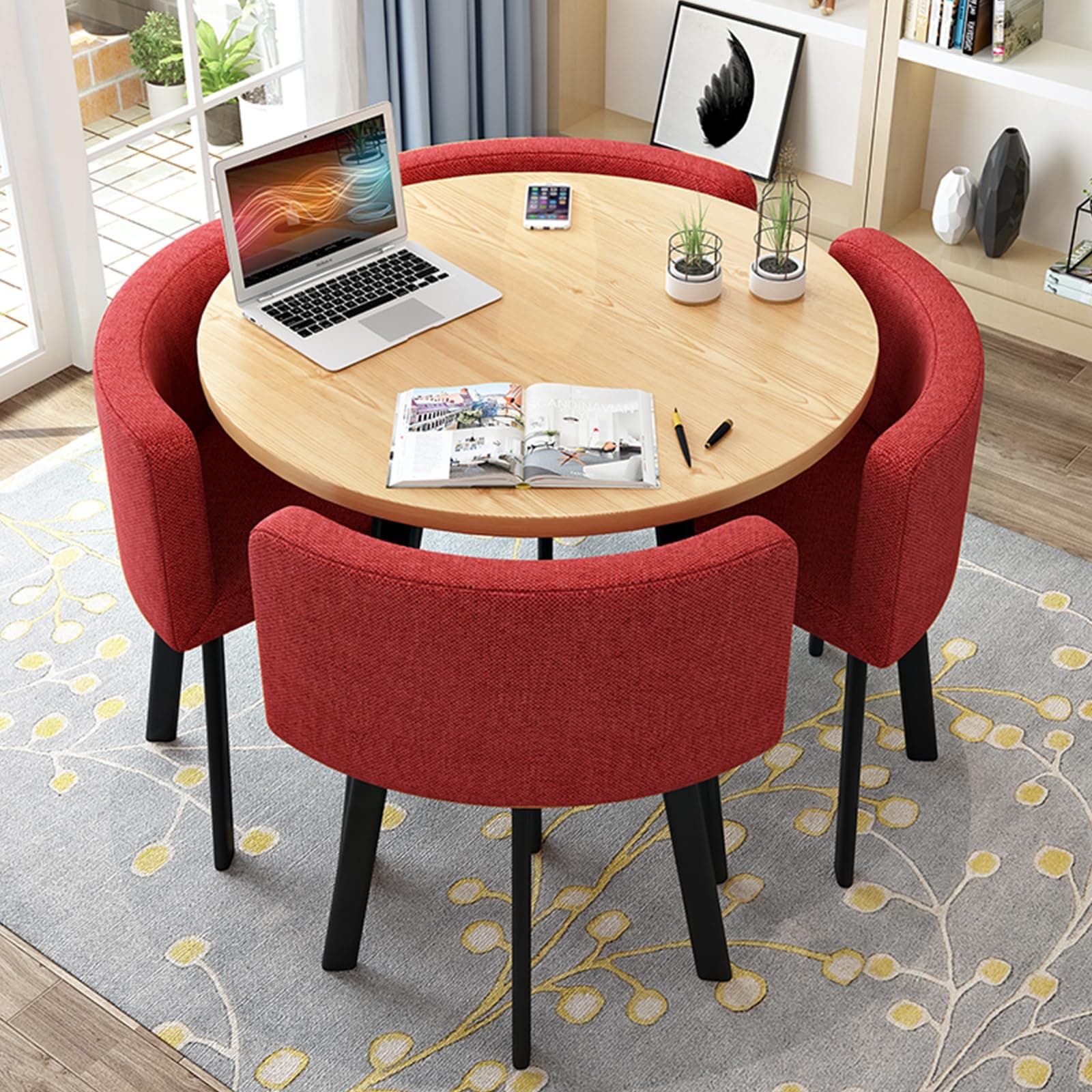 Round Kitchen Dining Table Set for 4, Space Saving Table and Chairs Set with Thick Tabletop 4 Upholstered Chairs, Dinning Room Modern Casual Coffee Table Set(D 31.5inch/80cm, Red)