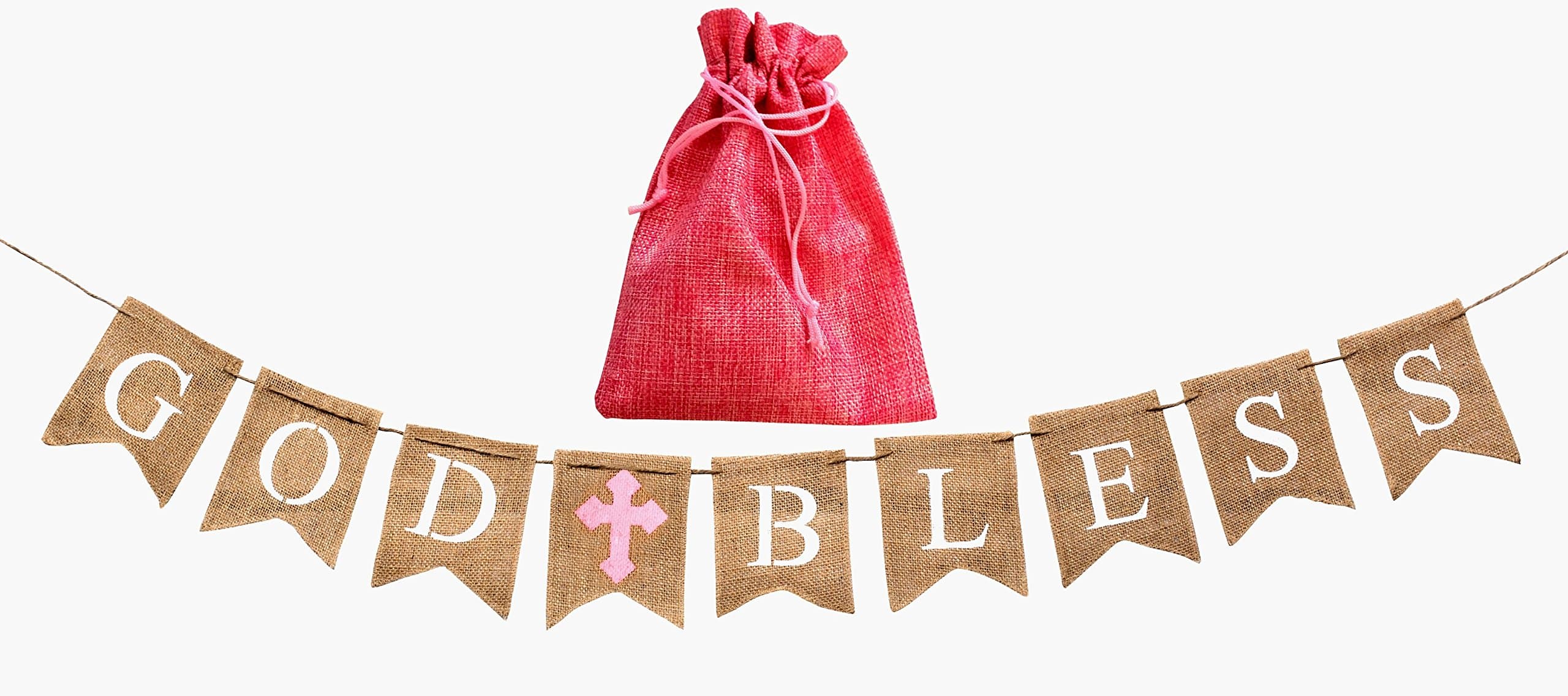 God Bless Baptism Banner,Holy Communion Party Christening Decoration Pink Cross-Girl,Beautiful Burlap Decor,Bonus Storage Bag,Handmade Versatile Usage,Natural 100% bio Env. Friendly