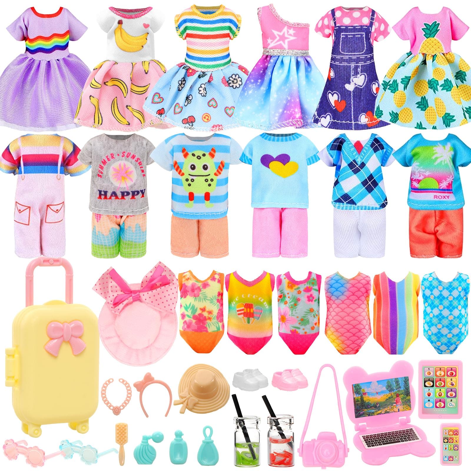 Miunana 27 Pcs Doll Suitcase Luggage Travel Clothes and Accessories for 6 inch Dolls , Including 1 Suitcase 6 Clothes 1 Glasses 19 Travel Accessories