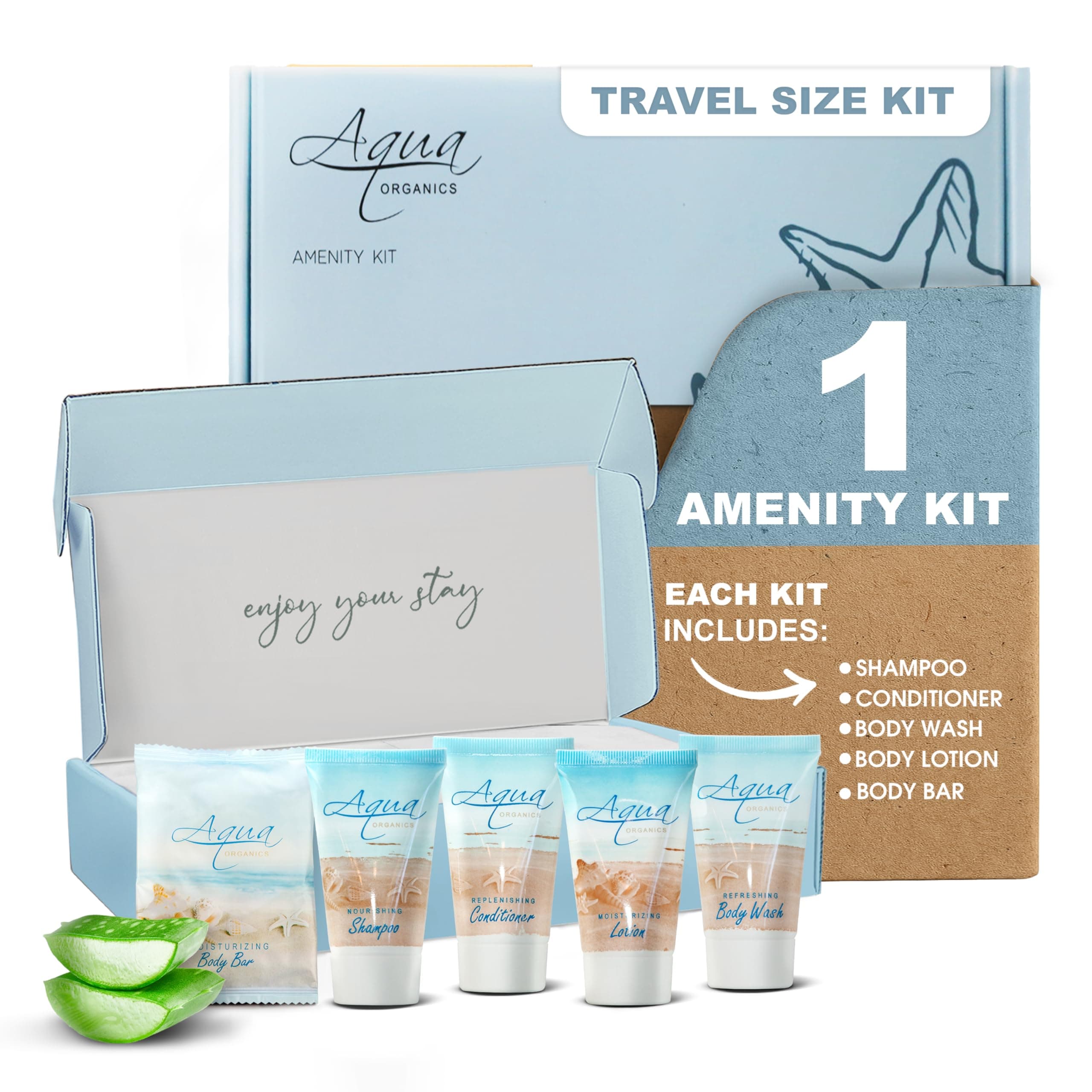 1-Shoppe Aqua Organics Amenity Kit | Boxed Hotel Toiletries Bulk Set | 1 oz Shampoo, Conditioner, Lotion, Body Wash & Bar Soap | 5 piece set