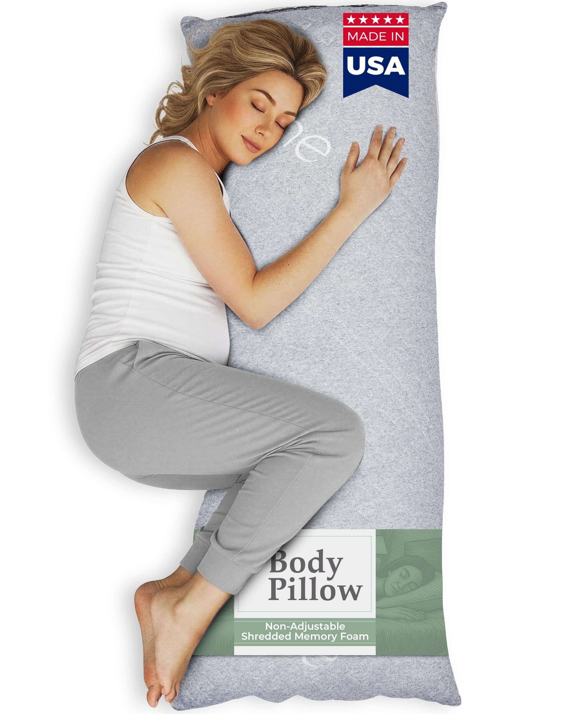 Snuggle-Pedic Long Body Pillow for Adults - Big 20x54 Pregnancy Pillows w/Shredded Memory Foam & Cooling Pillow Cover - Cuddle Firm Maternity Side Sleeper Pillow Insert to Hug for Bed - Grayy