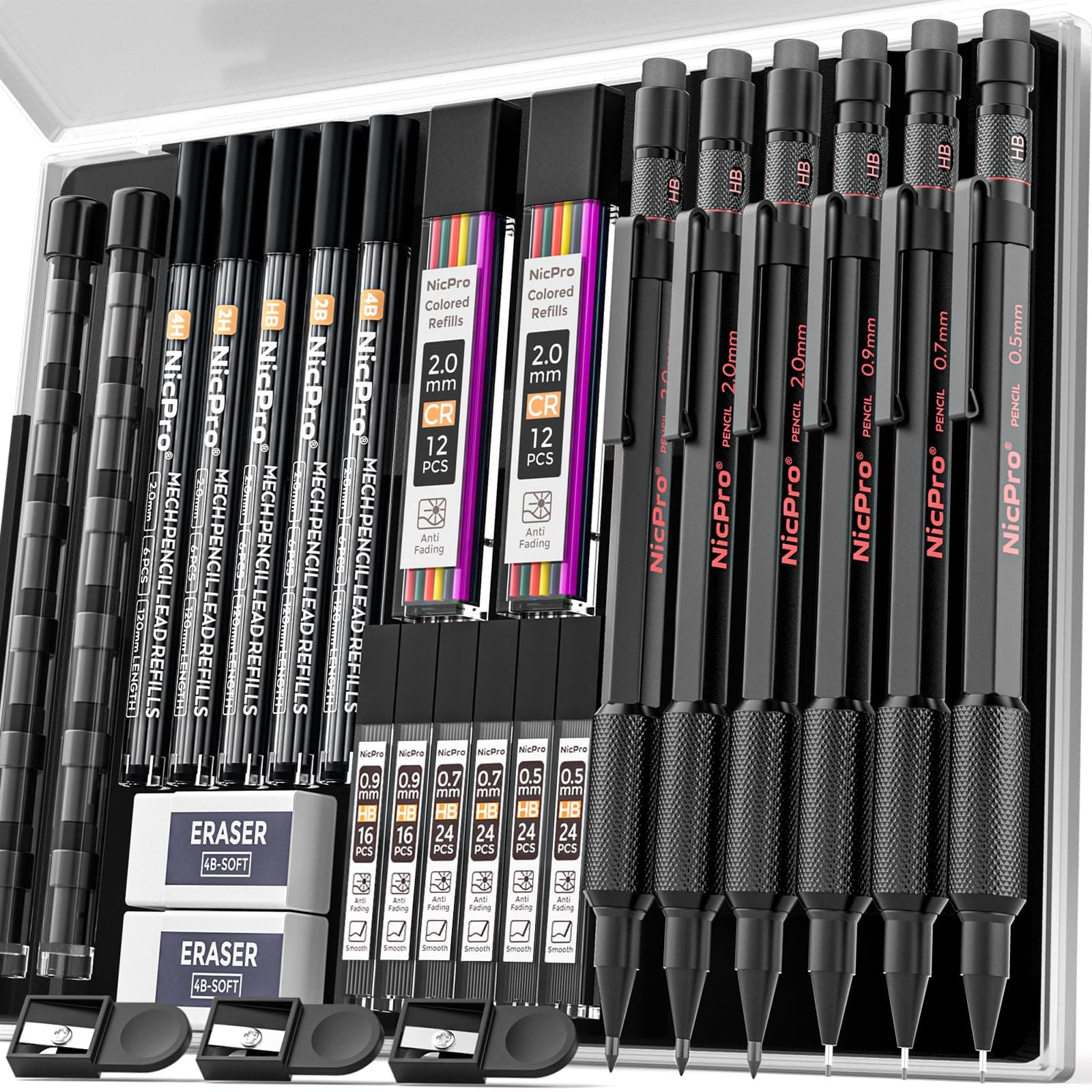Nicpro 27-Piece Mechanical Pencil Set in Case, Drawing Pencil Made of Metal 0.5, 0.7, 0.9 and 2 mm with 13 Leads (4B 2B HB 4H 2H Colours), Weatherproof Barrel for Writing, Drawing and Sketching