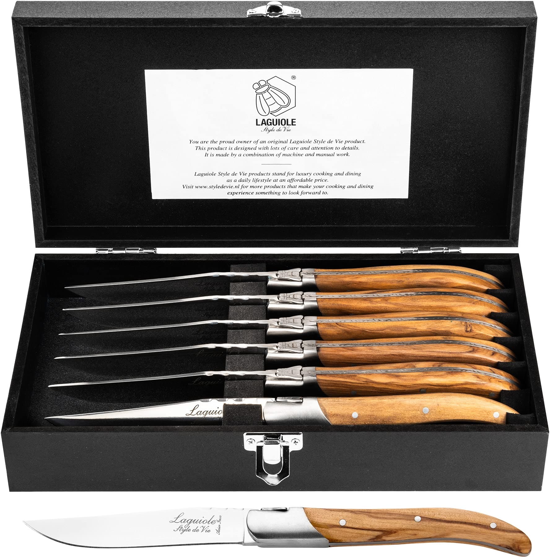 Laguiole Style de Vie 6 Premium Line Olive Wood Steak Knives in Gift Box