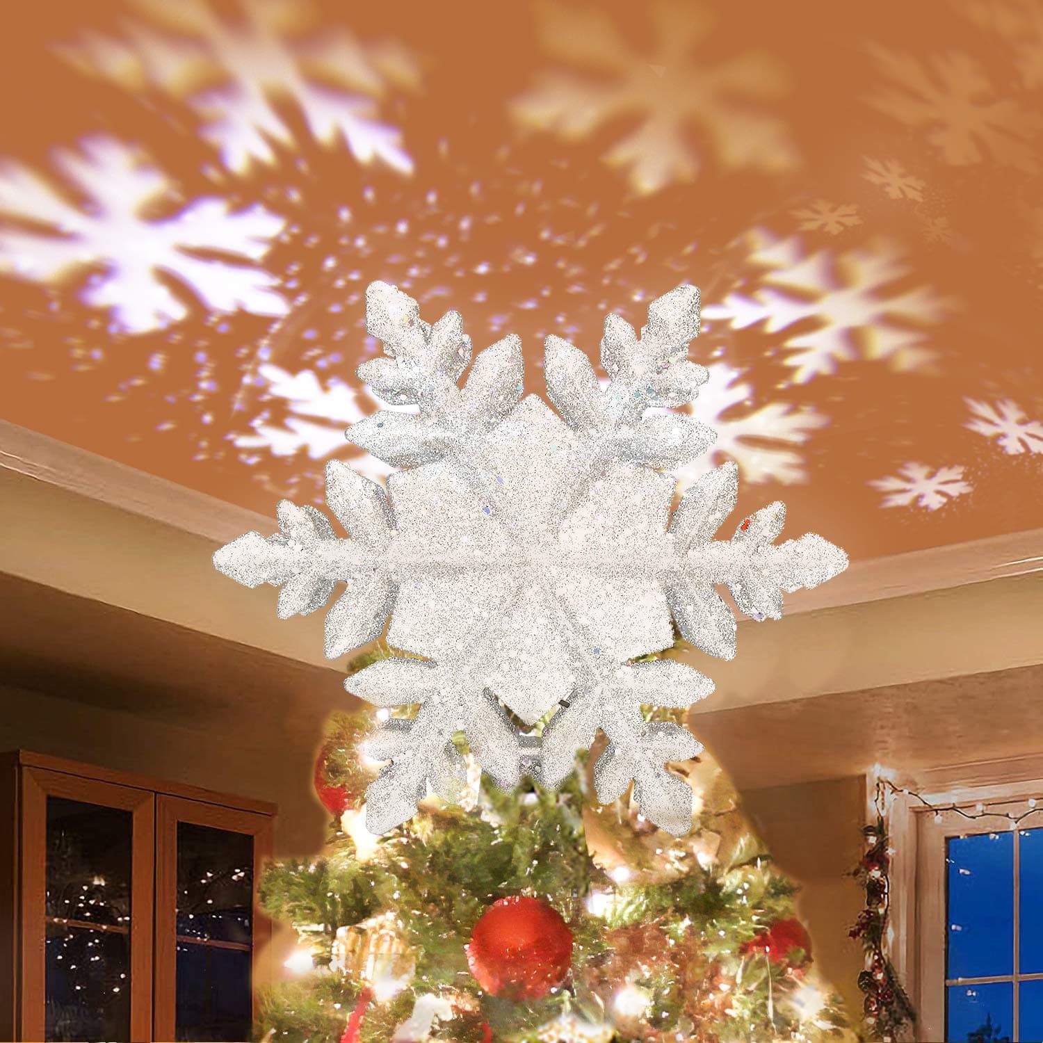 Christmas Tree Topper Star Lighted,3D Glitter Sliver Snow Tree Toppers Snowflake Projector Lights Lighting for Decoration