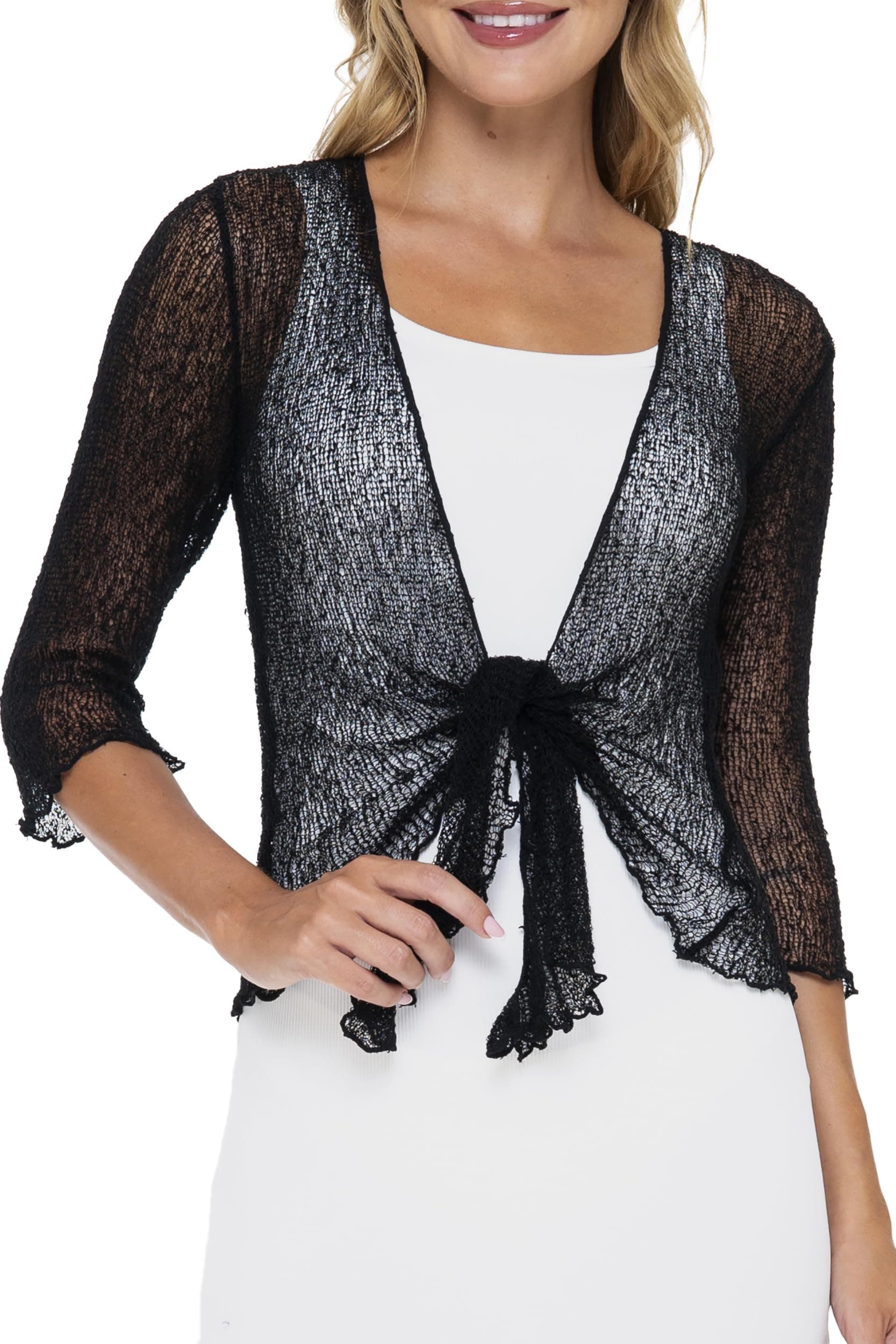 Women’s Sheer 3/4 Sleeve Shrug Lightweight Mesh Knit Dressy Summer Cover Up, Open Front or Tie​​