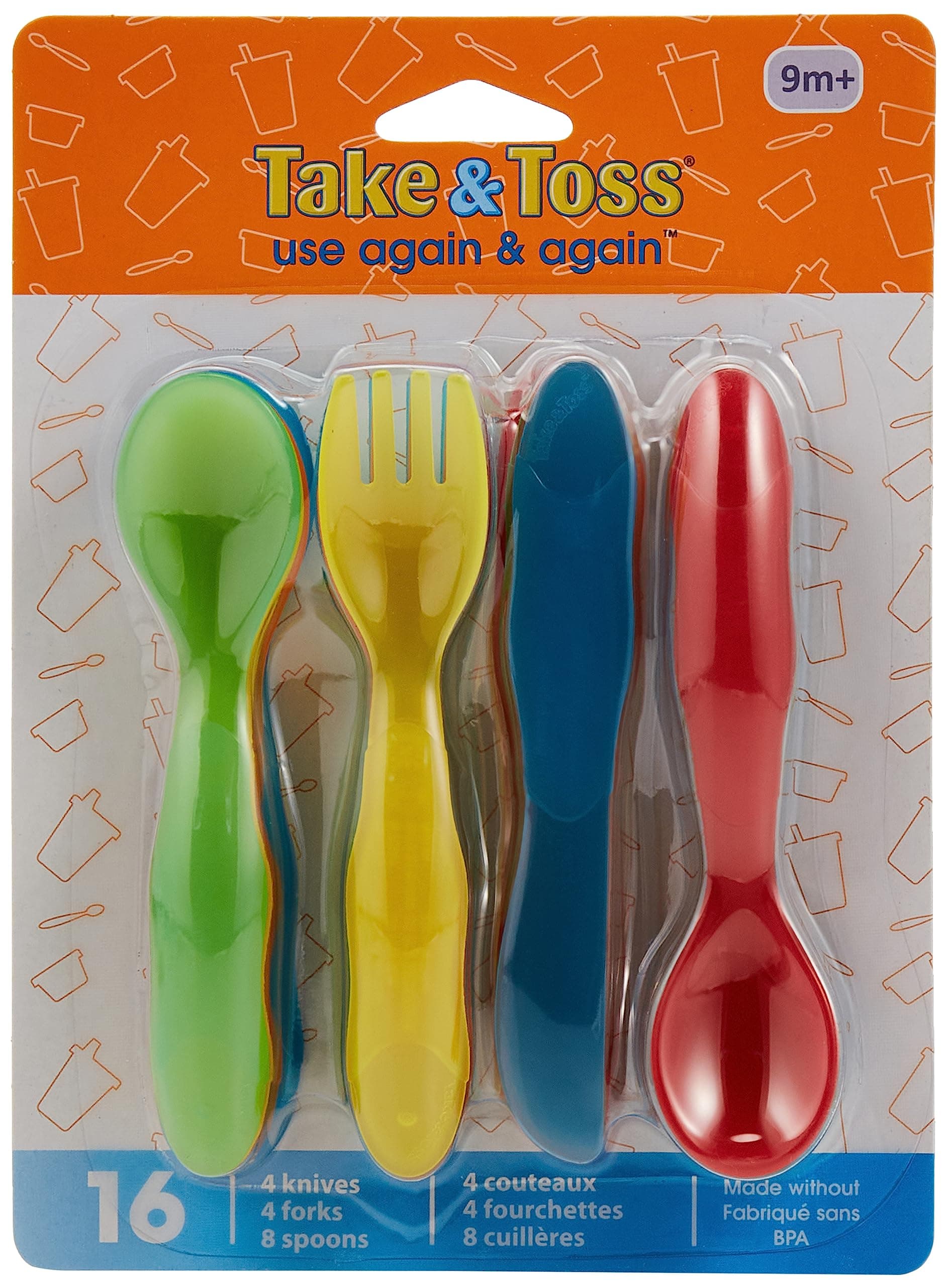 Take & Toss Toddler Flatware Set – Fork, Spoon & Knife – Pack of 16, Colorful & Durable Baby Feeding Set, Easy Grip for Toddlers, Perfect for Mealtime