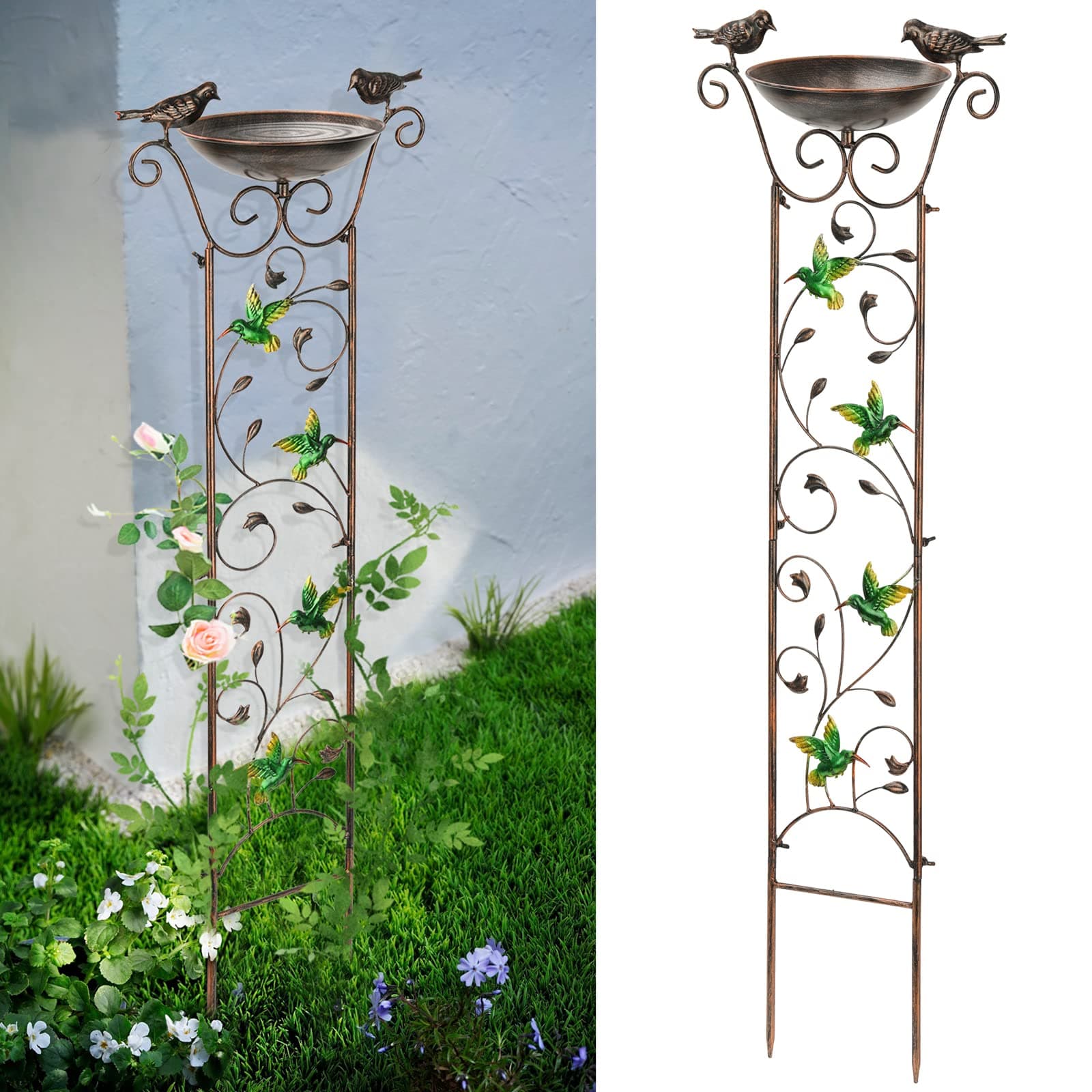 SUNNYPARKBird Bath with Trellis Outdoor, Antique Garden Iron Plant Trellis with Decorative Hummingbirds Detachable Bird Bath Bowl Metal Potted Plant Support for Climbing Flowers