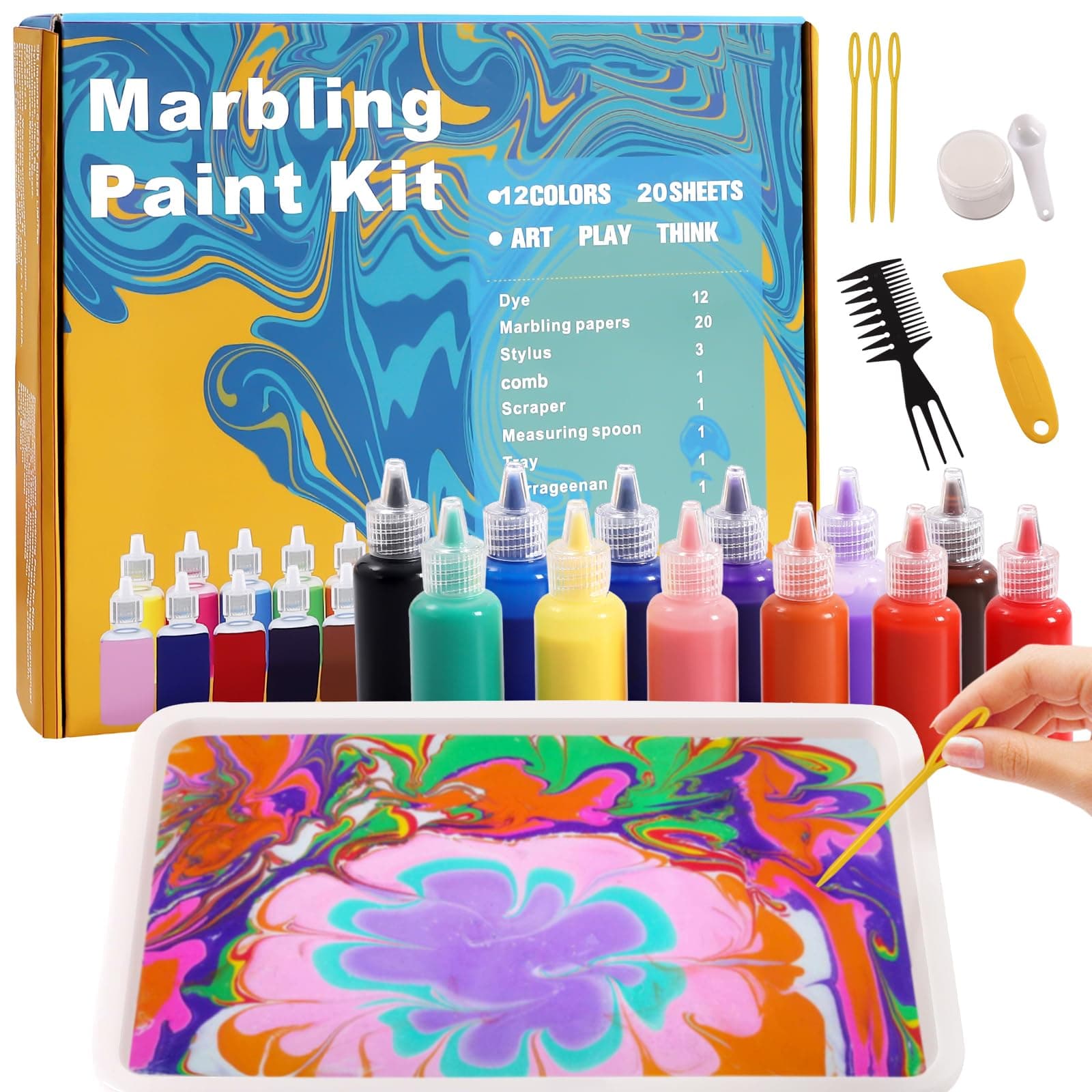 Water Marbling Paint for Kids - 12 Colors Kit, Arts and Crafts Set fo...