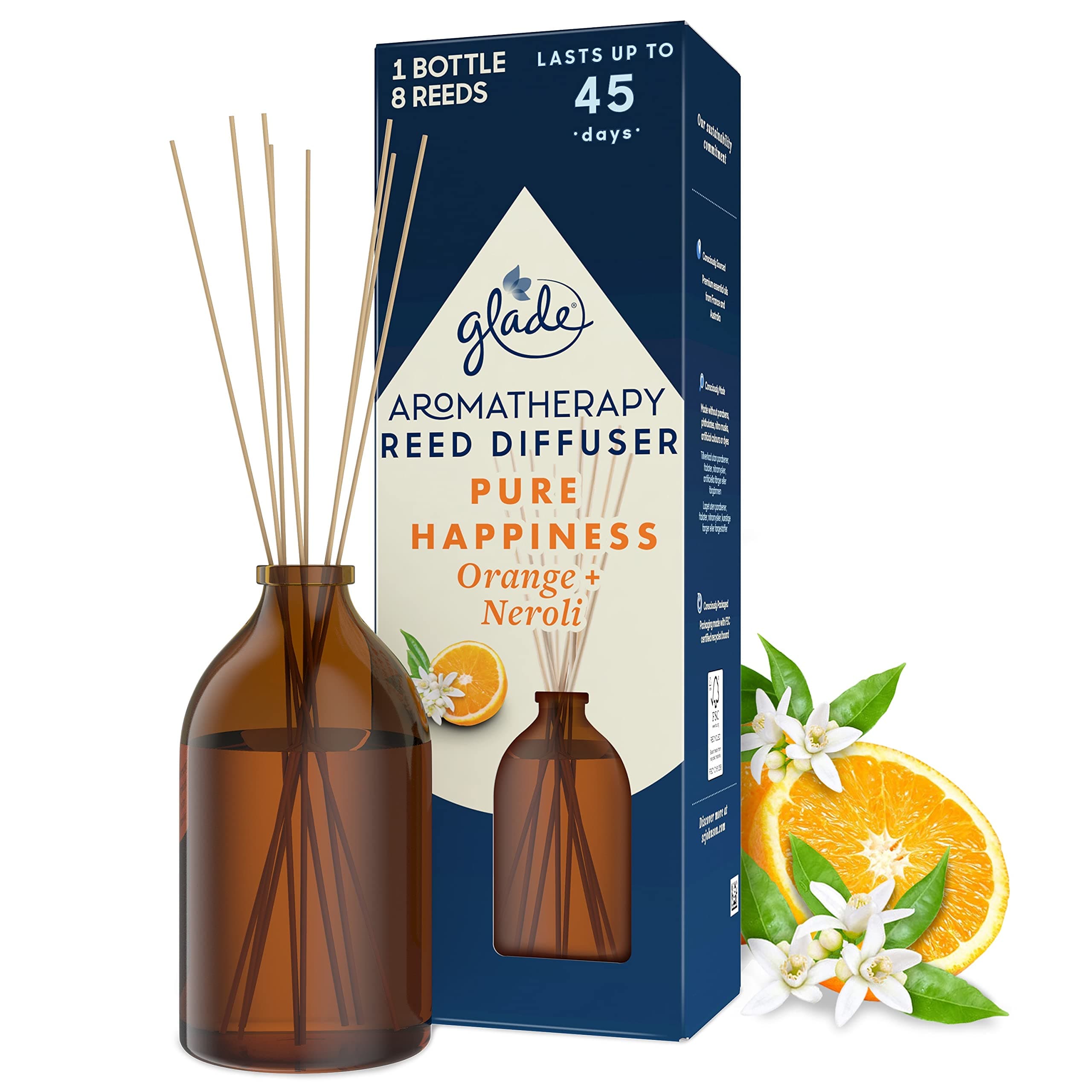 Glade Aromatherapy Reed Diffuser, Home Decor Essential Oils Diffuser Uplifting Fragrance, Pure Happiness with Brazilian Orange & North African Neroli Blossom, 80 ml