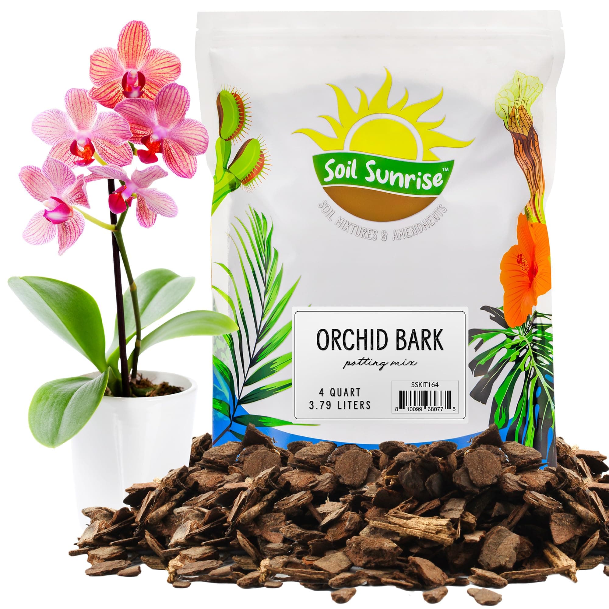 Soil Sunrise 100% Organic Orchid Potting Bark (4 Quarts) All-Natural USA-Sourced Pine Bark Orchid Mix Additive