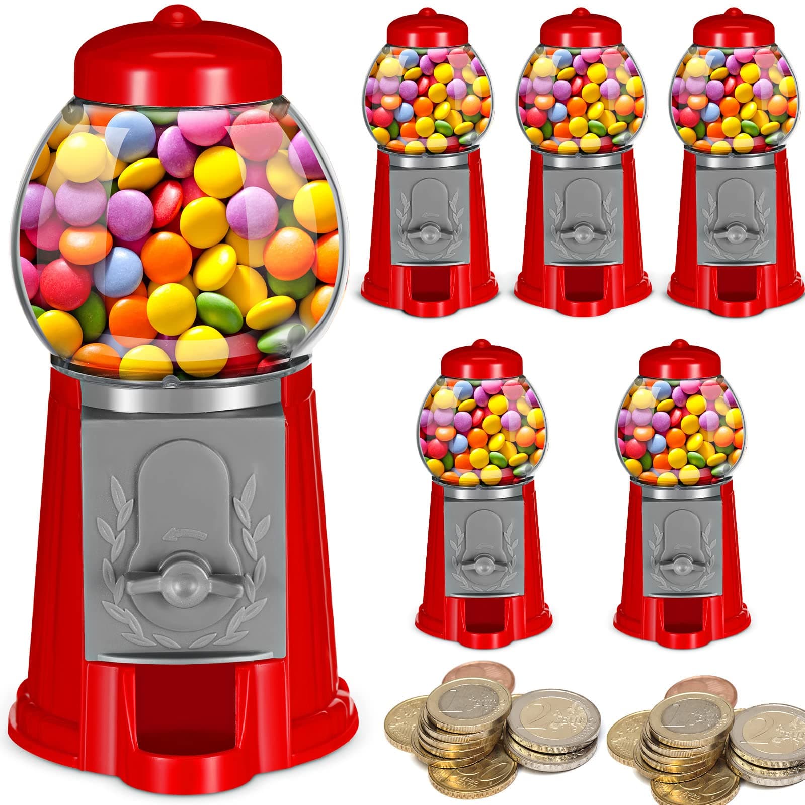 6 Pieces 5'' Gumball Machine Mini Plastic Gumball Machine Small Candy Dispenser Coin Operated Desktop Bubble Gum Machine Money Bank Pills Dispenser Toy Gifts (Red)