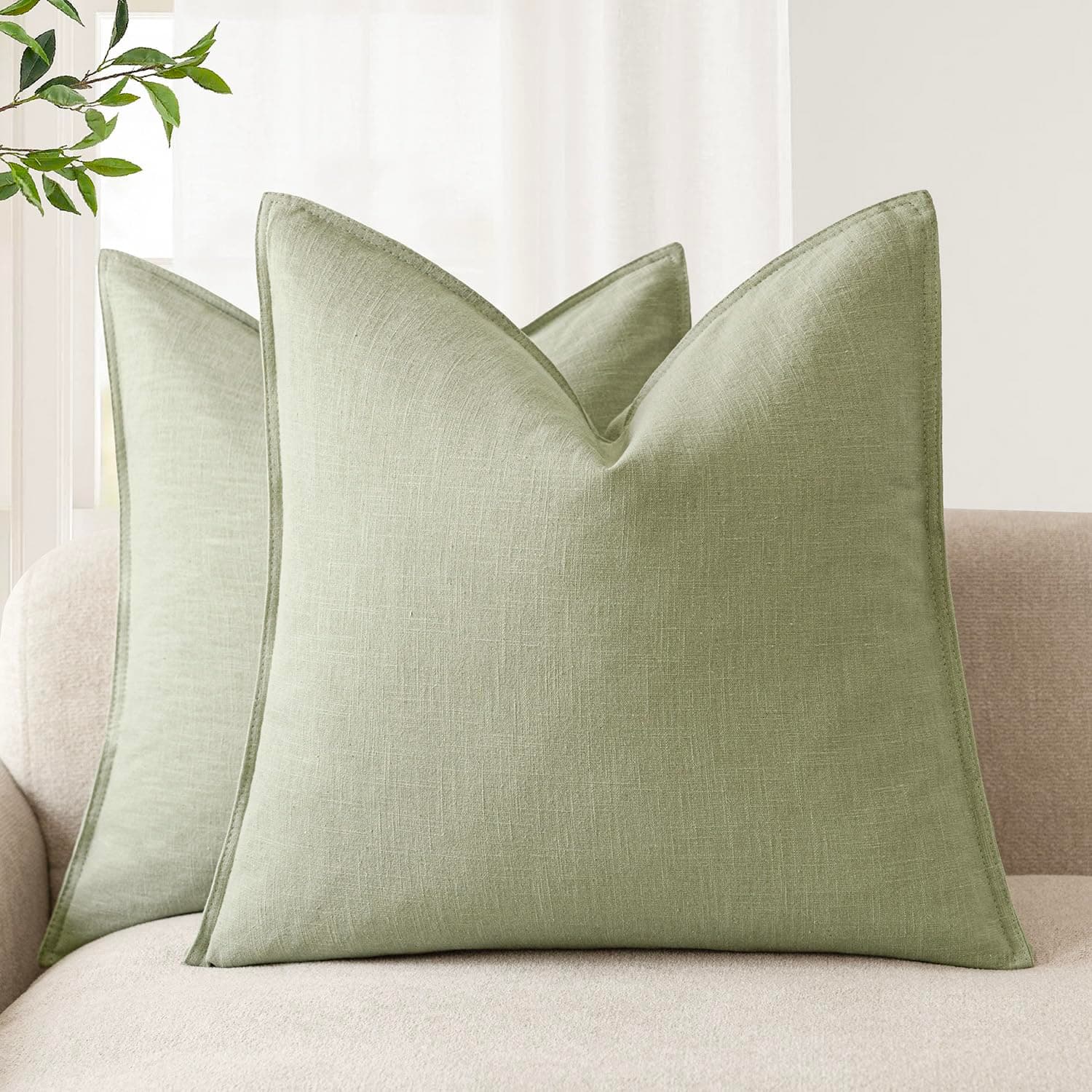 Foindtower Pack of 2, Decorative Linen Solid Throw Pillow Covers Soft Accent Cushion Case Boho Farmhouse Pillowcase for Chair Couch Sofa Bedroom Living Room Home Decor 22 x 22 Inch Light Sage Green