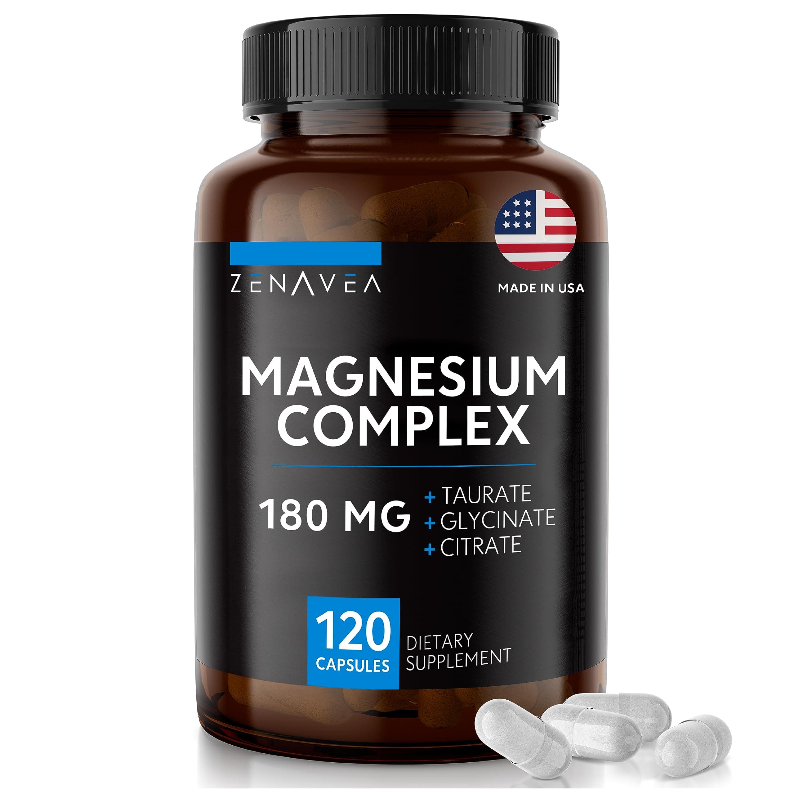 Triple Magnesium Complex Supplement (120 Vegan Capsules) - 180mg of Magnesium Glycinate Taurate and Citrate - Calm Magnesium Complex Supplements