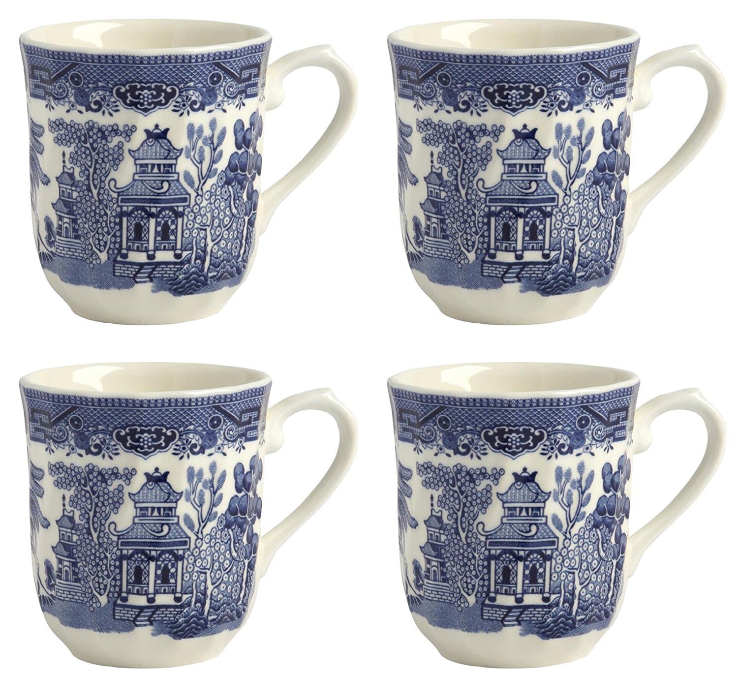 Queen's Blue Willow Imperial Coffee Mugs, Blue and Ivory Design, Earthenware Construction (Set of 4)
