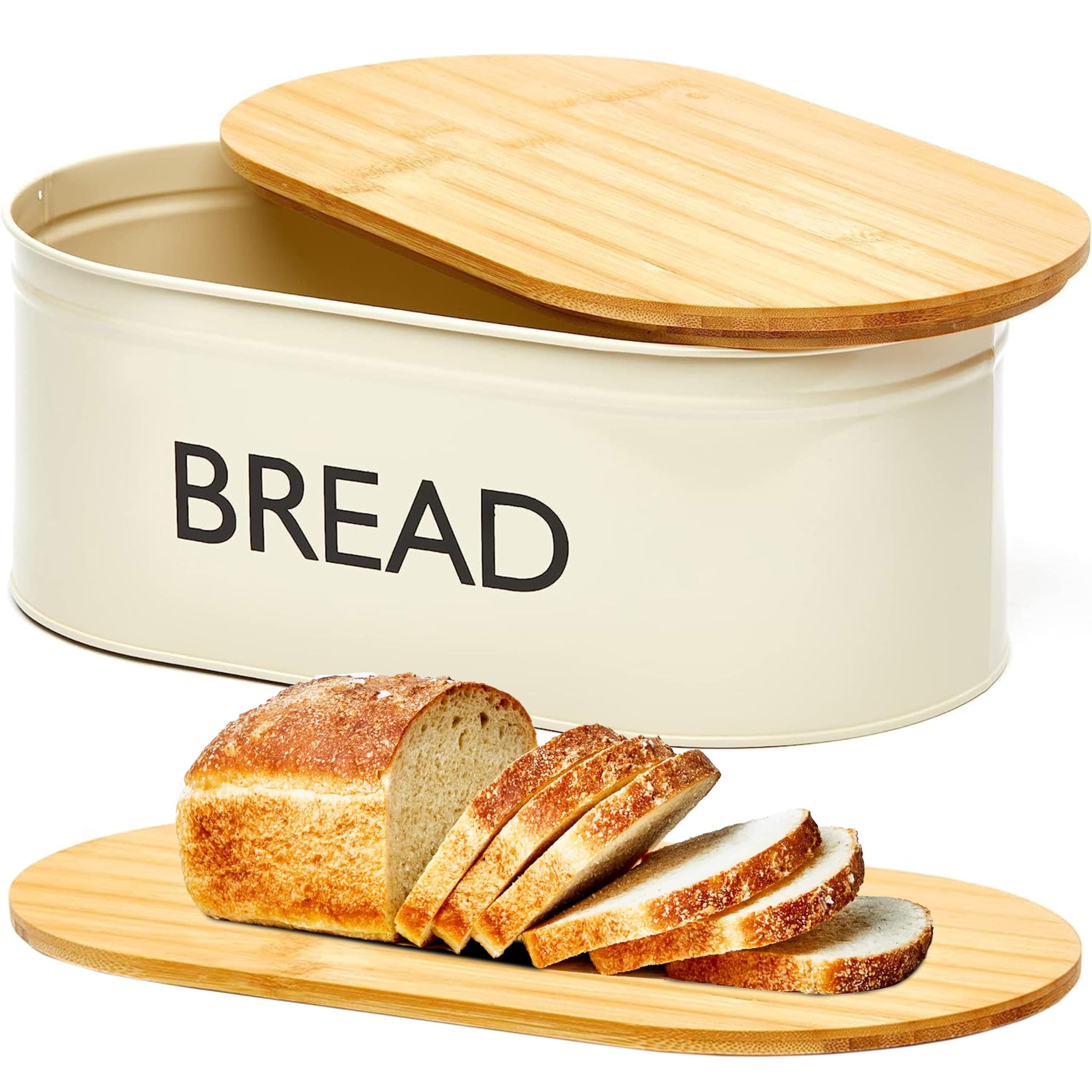 RoyalHouse Premium Metal Bread Box with Bamboo Lid, Stainless Steel Large Bread Bin Storage Container And Organizer for Kitchen Countertop, Vintage Style Kitchen Decor