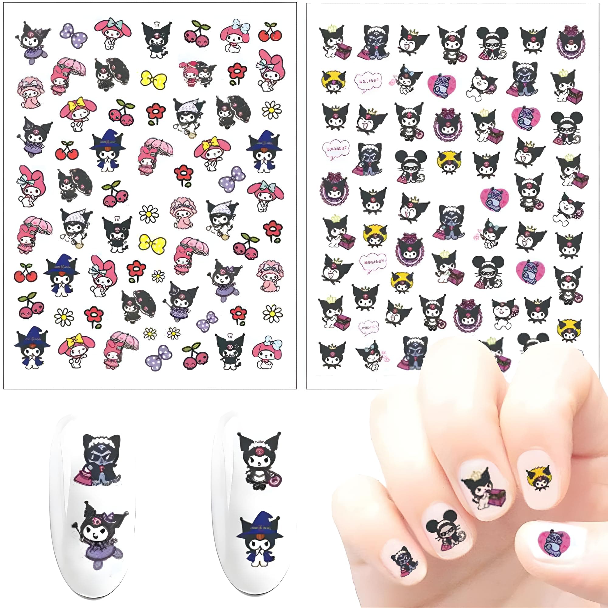 Kuromi Nail Art Sticker, Cute Cartoon Nail Art Decals, 3D Self-Adhesive Nail Stickers, Kawaii Designer Anime Nail Stickers for Women, Manicure Tips, Decoration (2 Sheets