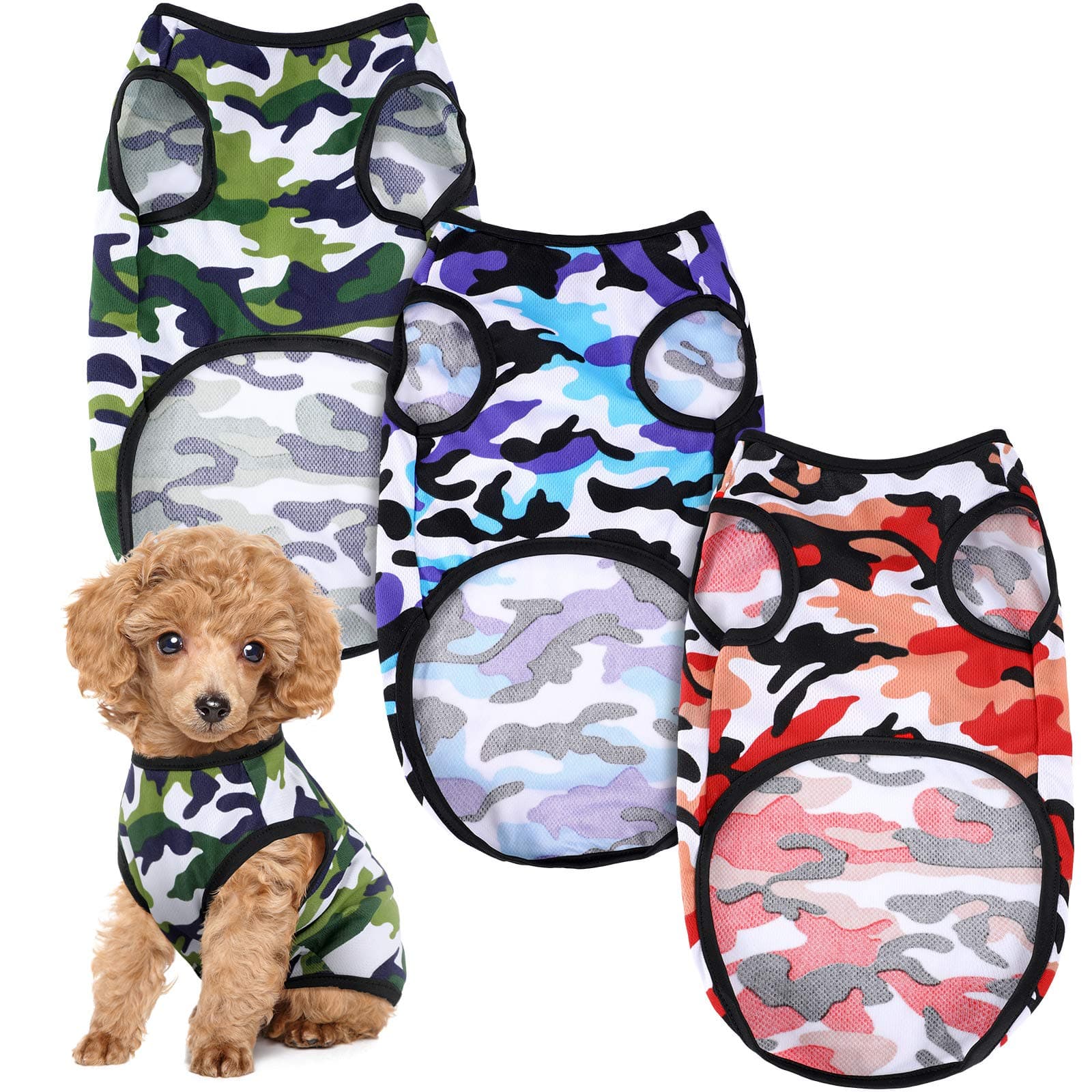 3 Pieces Dog Camouflage Print Vest Puppy Kitten Shirt Vest Pet T-Shirt Pet Clothing Small Dog Boy Girl Breathable Sleeveless Pet Vest (Blue, Red, Green,L)
