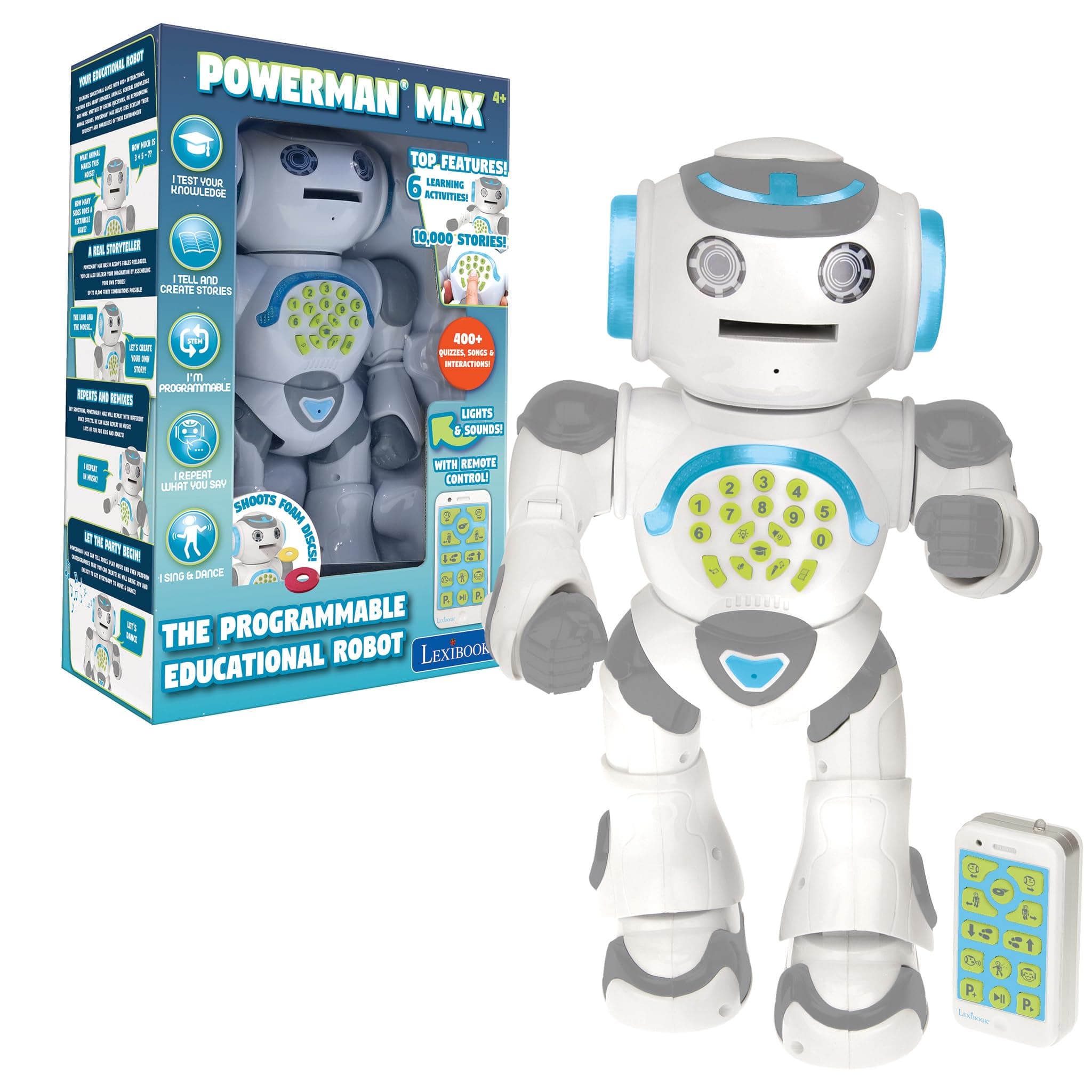 LexibookPowerman Max - Remote Control Walking Talking Toy Robot STEM Programmable Dances Sings Telling 10,000 Stories 300+ Learning Quiz Shooting Discs and Voice Repeat for kids 4+ - ROB80EN_09
