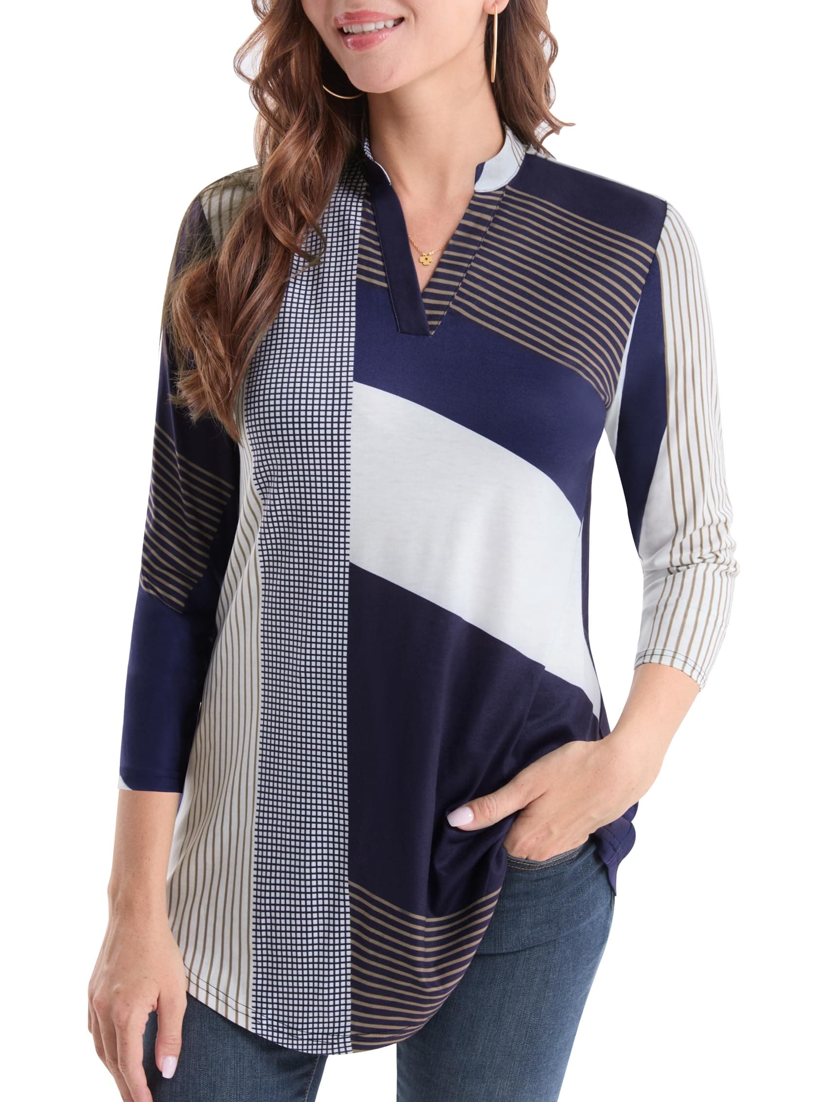 BAISHENGGT Womens Tunics Notch V Neck Tops 3/4 Sleeve Work Blouses Dressy Casual Going Out Shirts