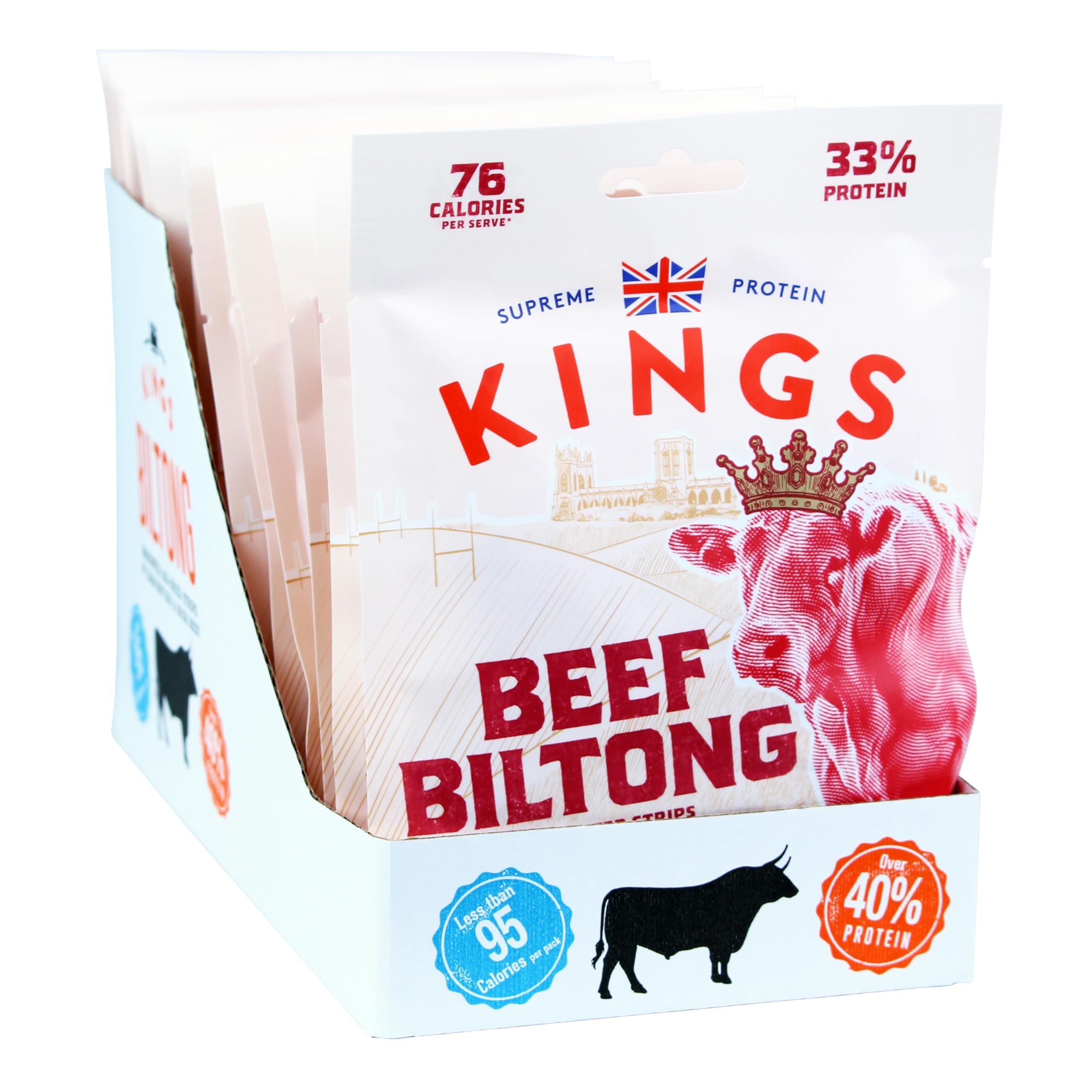 Kings - Beef Biltong - Rib Eye Flavour - High Protein Meat Snack - Box of 16 x 35 g Packs