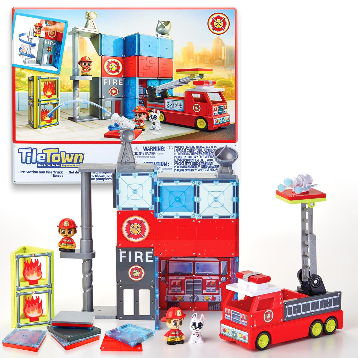 Fire Station Magnetic Tiles Set, 66 Piece Kids Magnet Toy, Innovative Action Play Magnetic Tile Building Set Ages 3-6, Amazon Exclusive