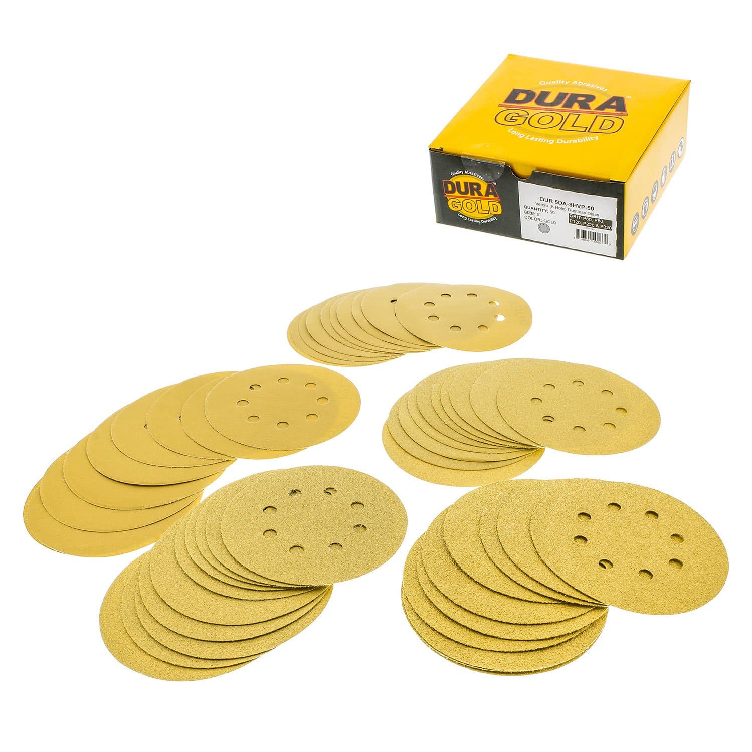 Dura-Gold Premium - Variety Pack - 5" Gold Sanding Discs - 8-Hole Dustless Hook and Loop - 10 each of Grit (60, 80, 120, 220, 320) -Box of 50 Sandpaper Finishing Discs for Woodworking or Automotive