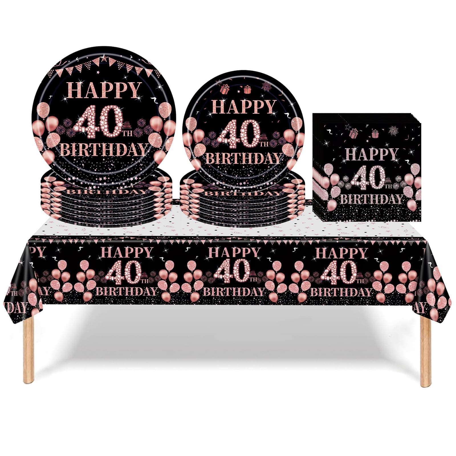53PCS Black Rose Gold 40th Birthday Party Tableware Decorations for Women Birthday,Disposable Party Tableware Set Black Rose 40th Table Cloth,7inch,9inch Paper Plates,Napkins for Women,Her Dinnerware