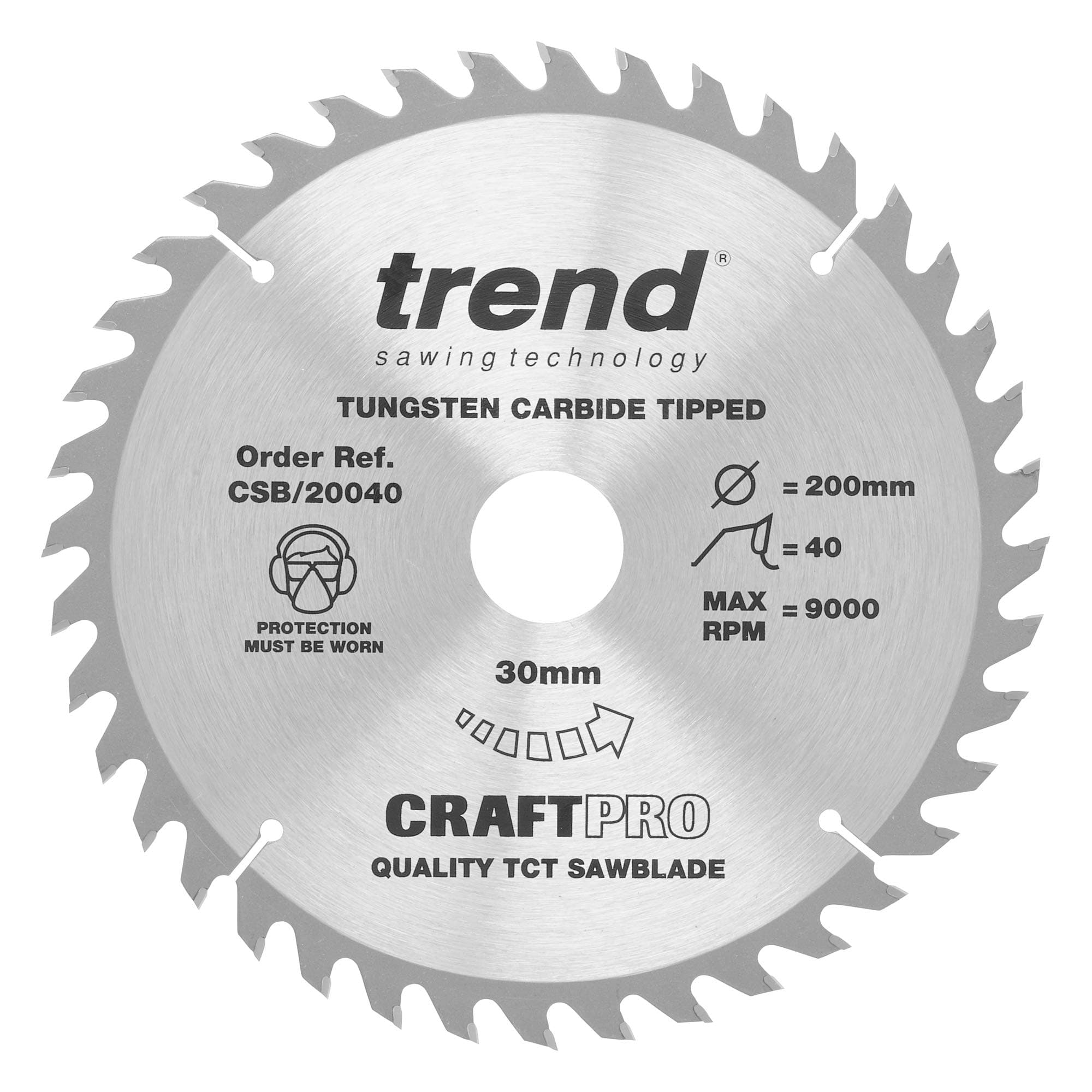 Trend Wood Table Saw Blade, 200mm Diameter, 30mm Bore, 40 Teeth, 2.6mm Kerf, +15° Hook, TCT, Medium Finish, CSB/20040