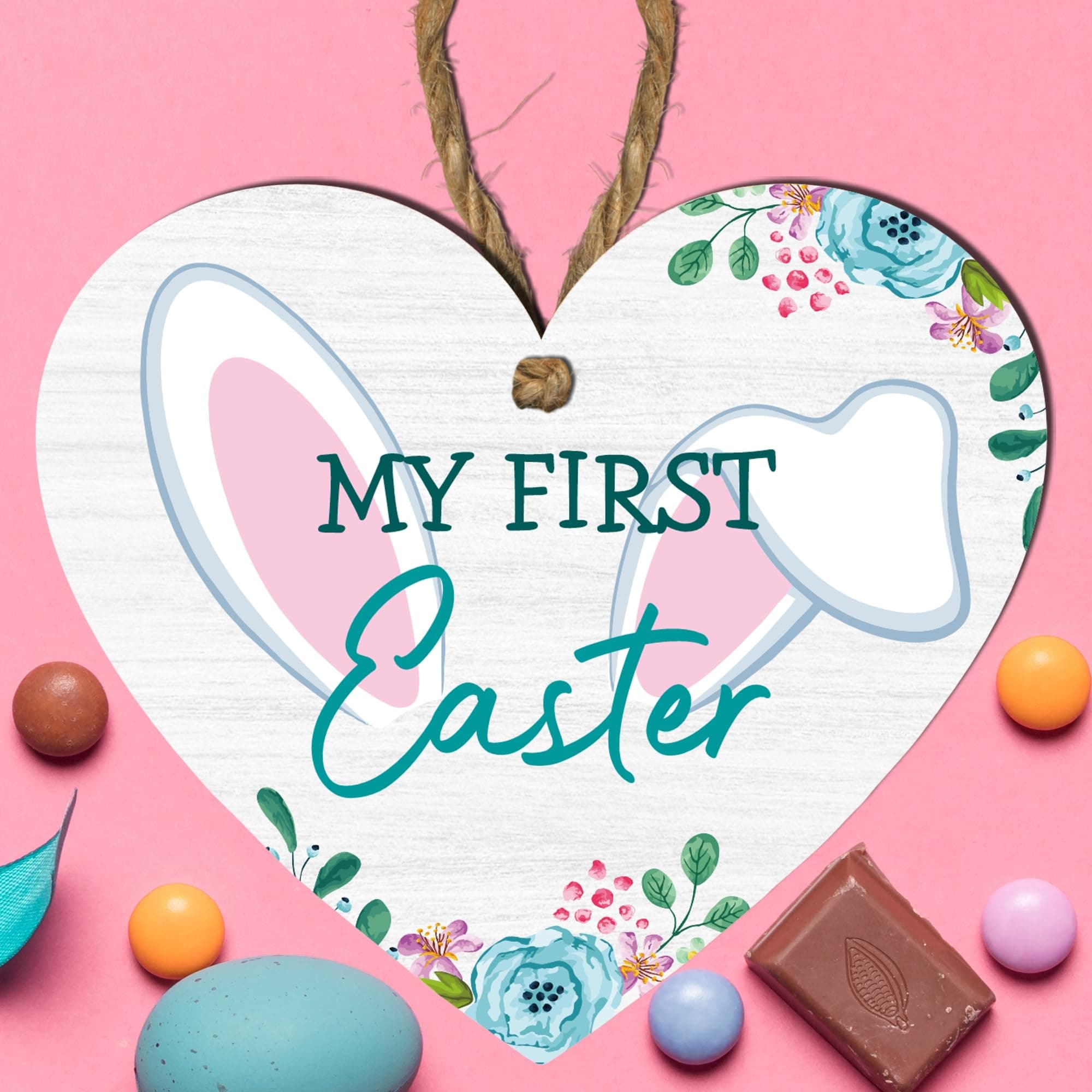 My First Easter Wooden Heart Plaque | Rabbit Ears & Floral Design | Soft Grey Wood Effect | Ideal Home Decor, Gift Hampers, Tree Ornament | Cherished Springtime Keepsake