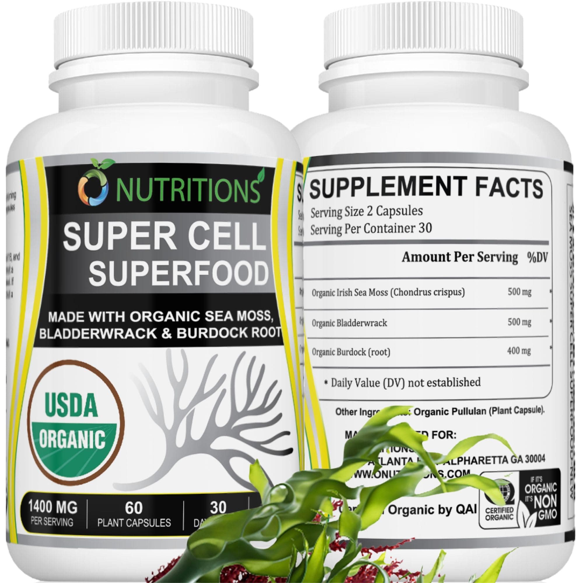 Sea Moss 60 Capsules USDA Certified Organic Irish Sea Moss Capsules with Bladderwrack & Burdock Root – Immune Support Supplement for Men and Women – Womens Vitamins and Mens Vitamins (1 Pack)