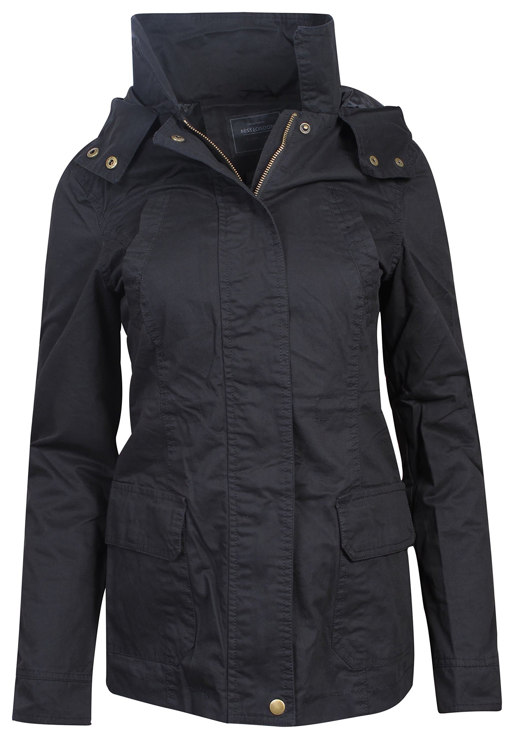 'Miss London Women's Military Anorak Hoodie Jacket with Drawstring Waist, Black, Medium'