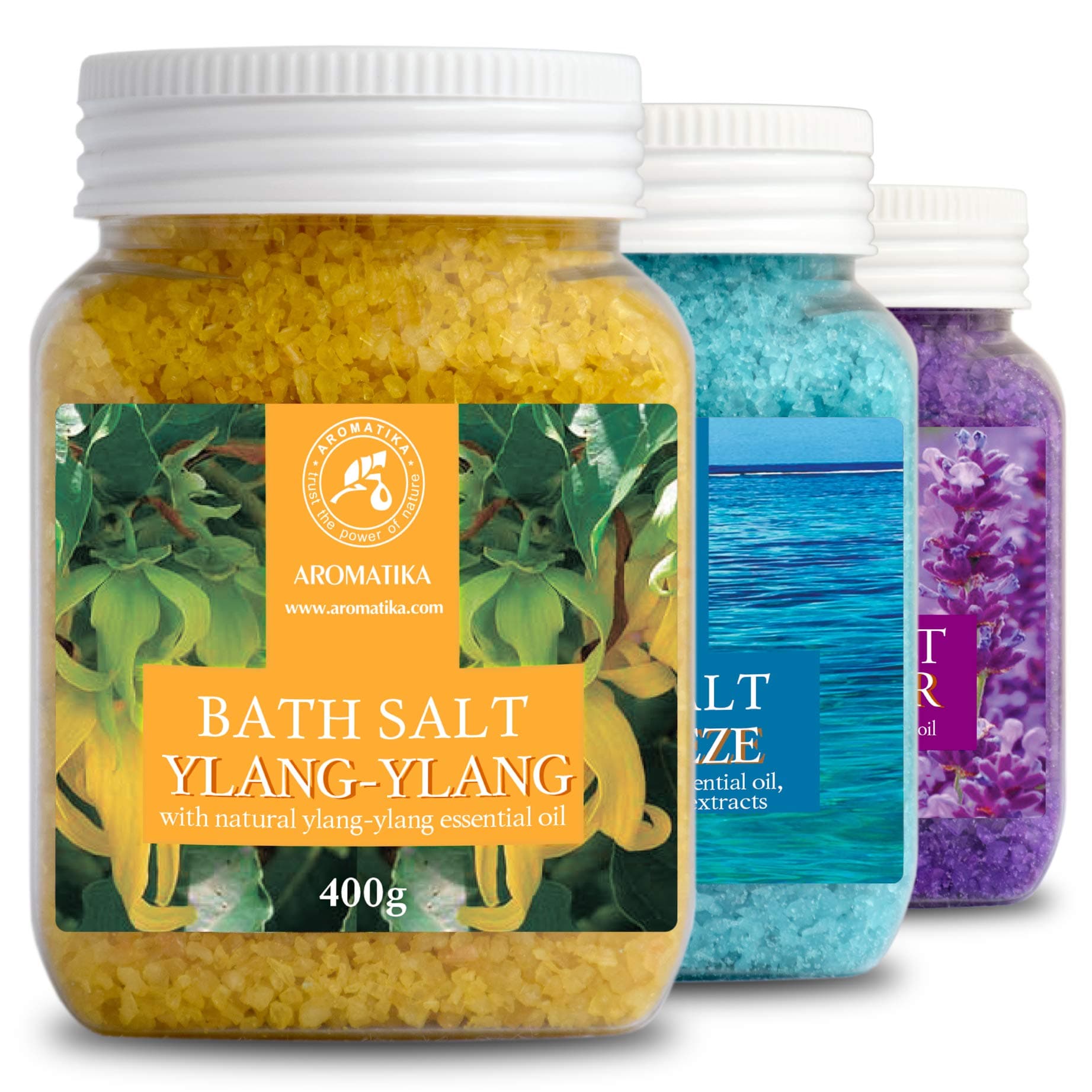 AROMATIKA Bath Salts Set 42 oz - Lavender - Sea Breeze - Ylang-Ylang - 100% Natural Essential Oil - Best for Good Sleep - Stress Relief - Bathing - Body Care - Beauty - Relaxation - Spa