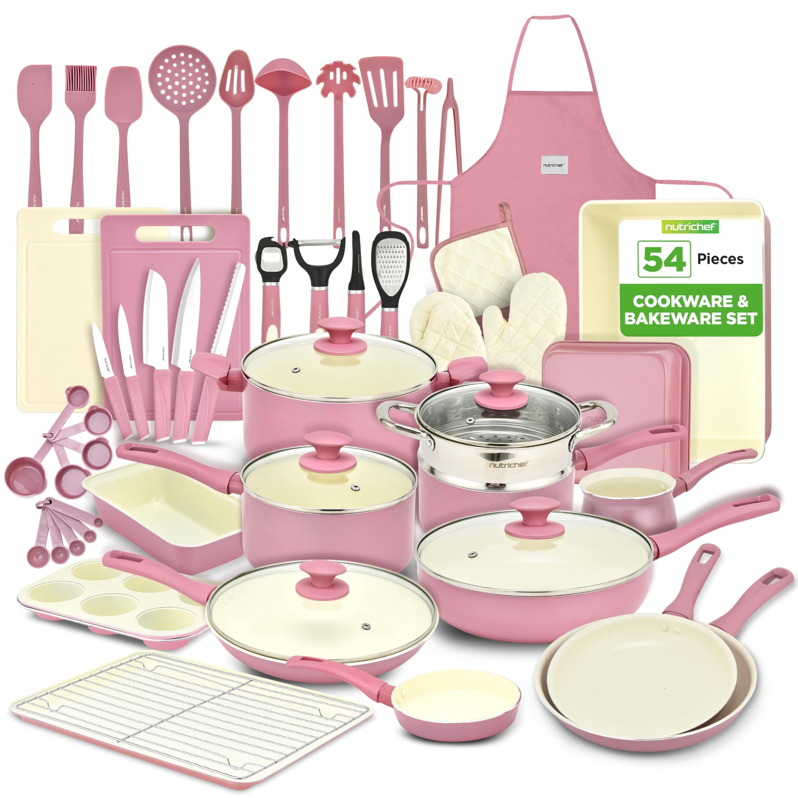 Pots and Pans Set, Non-Stick Cookware Set 54-Piece, Nonstick Multi-Sized Pot and Pan Sets with Lids, Kitchen, Bakeware, Induction Compatible, PFOA-Free, Pink