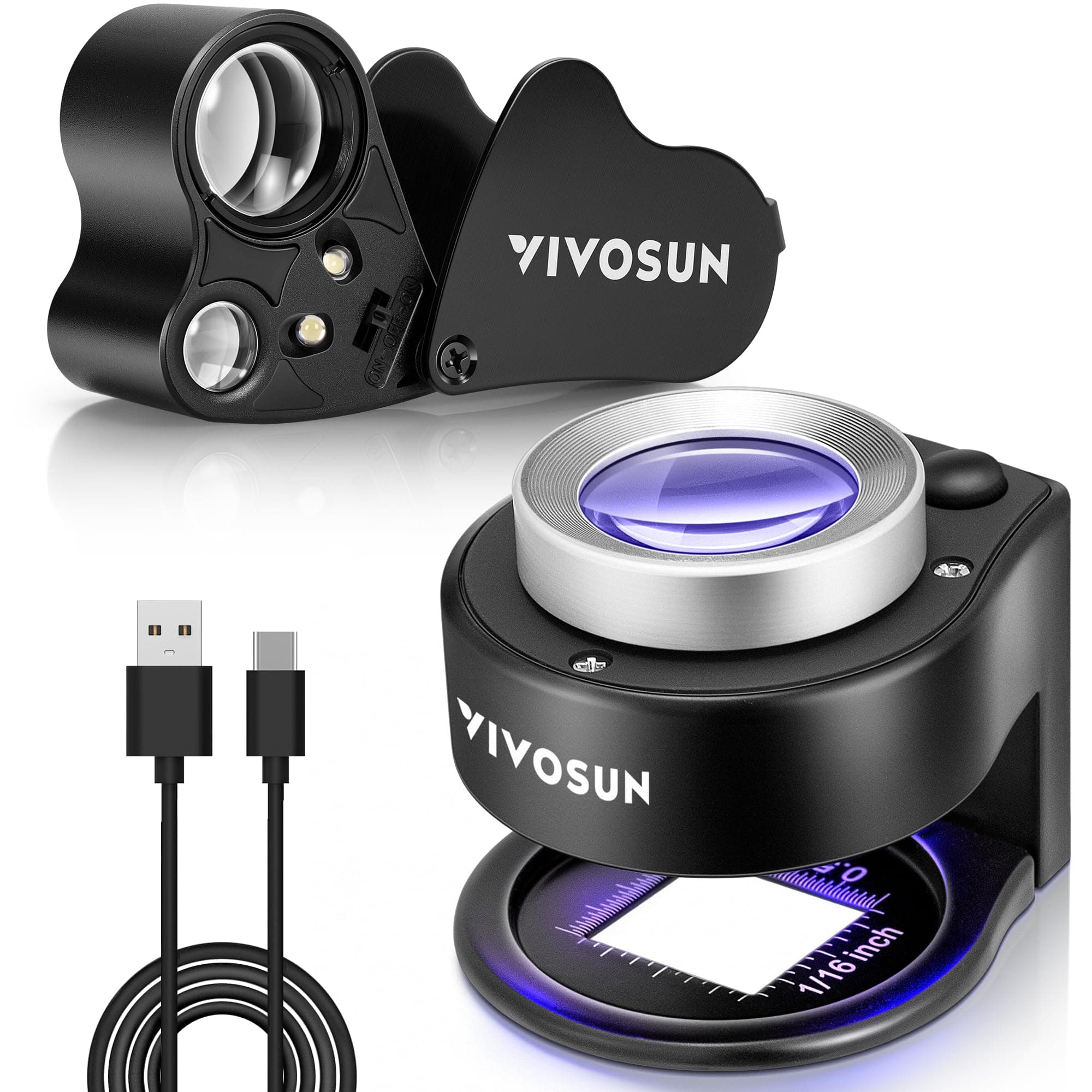 VIVOSUN 2-Pack Jewelry Loupe, 30X and 60X Foldable Magnifier UV/LED Lights, Desktop Loupe with LED & UV Lights for Jewelry, Gems, Watches, Coins, and Stamps, Black
