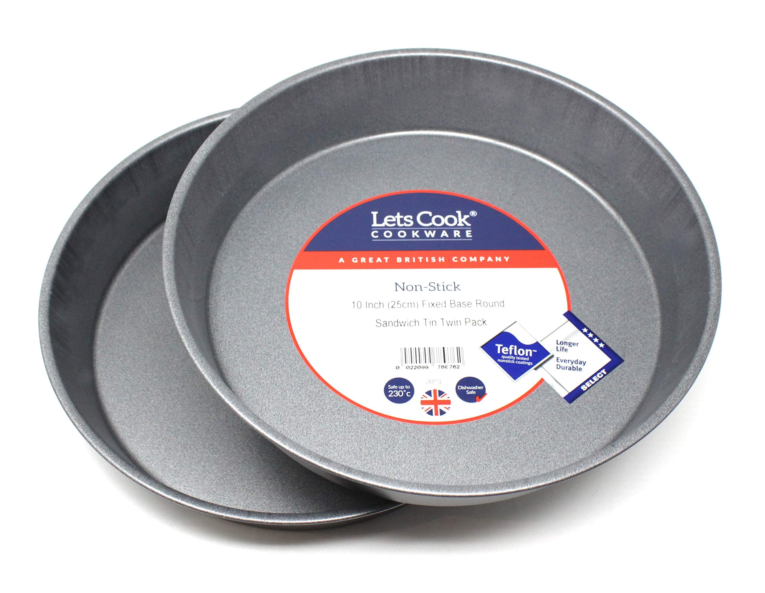 10 Inch Round Victoria Sandwich Cake Tins, Twin Pack, Fixed Base, British Made with Teflon Select Non Stick by Lets Cook Cookware