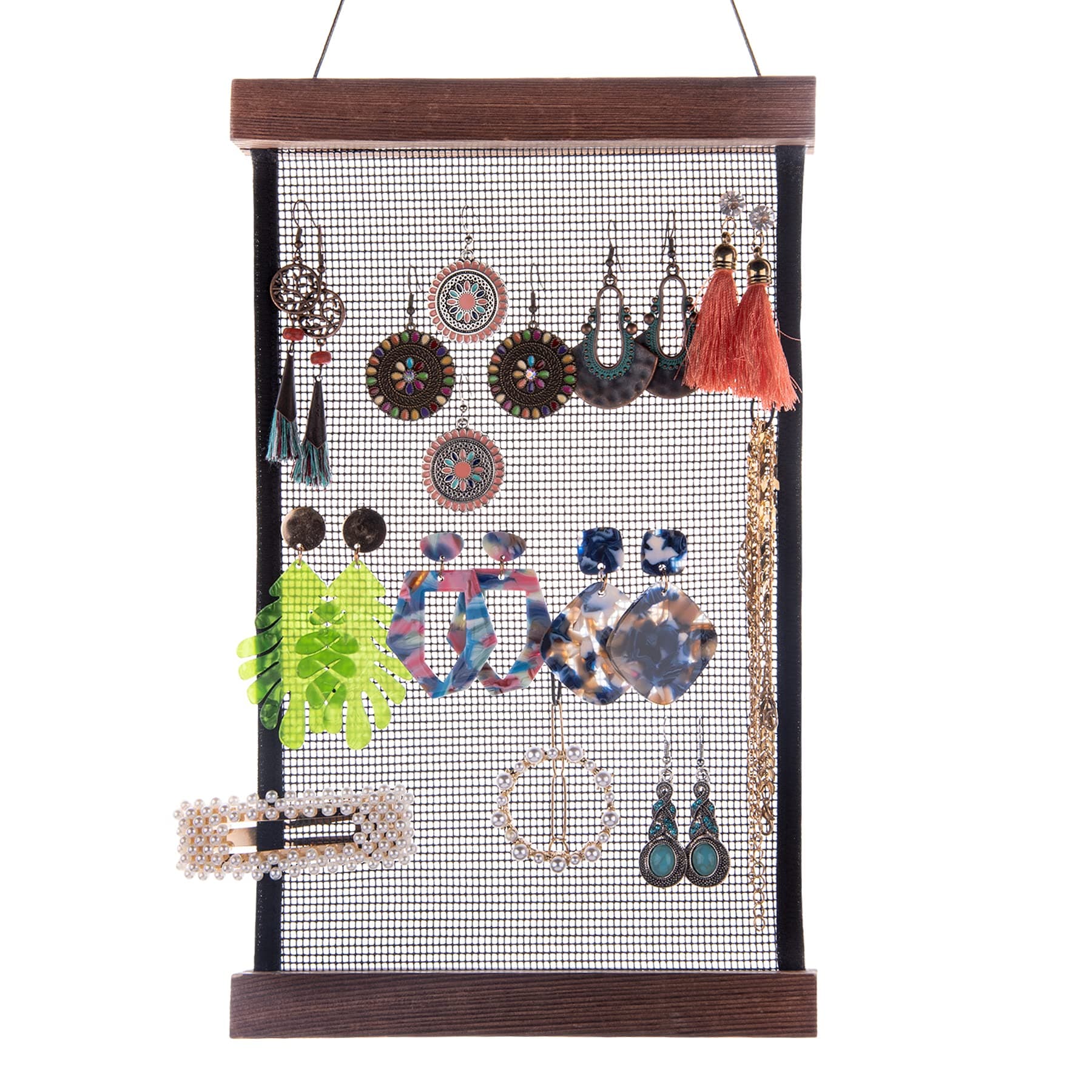 Mesh Earring Organizer Hanging Earrings Holder Wall Mounted Earring Hanging Jewelry Holder Organizer with 20 Pieces S Shape Black Hooks (12 x 7.2 inch)
