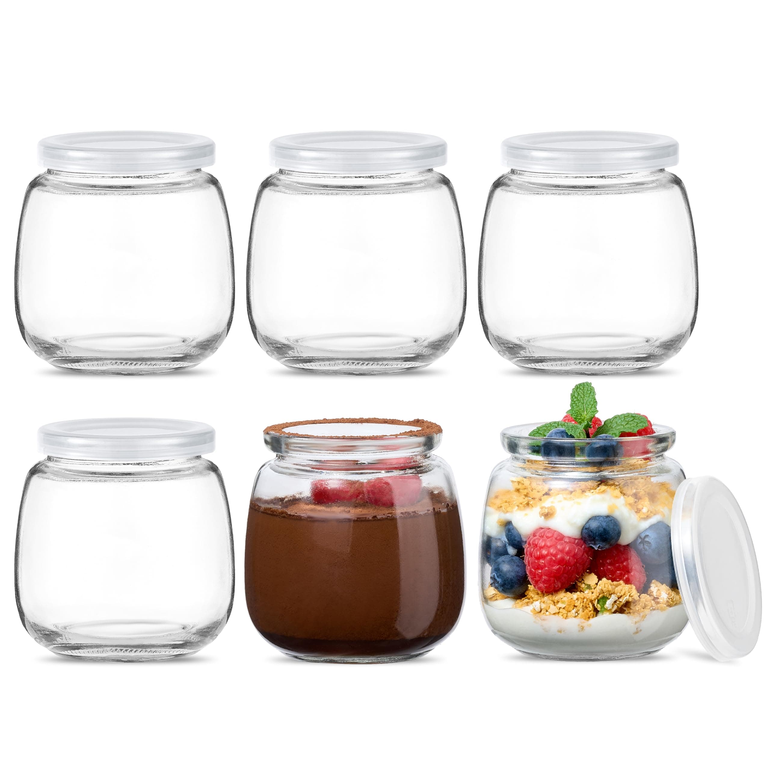 6Pcs Yogurt Pudding Milk Glass Bottles Jars with Plastic Lids Mini Cup Small Glass Bottles Perfect for Yogurt Maker (200ml)